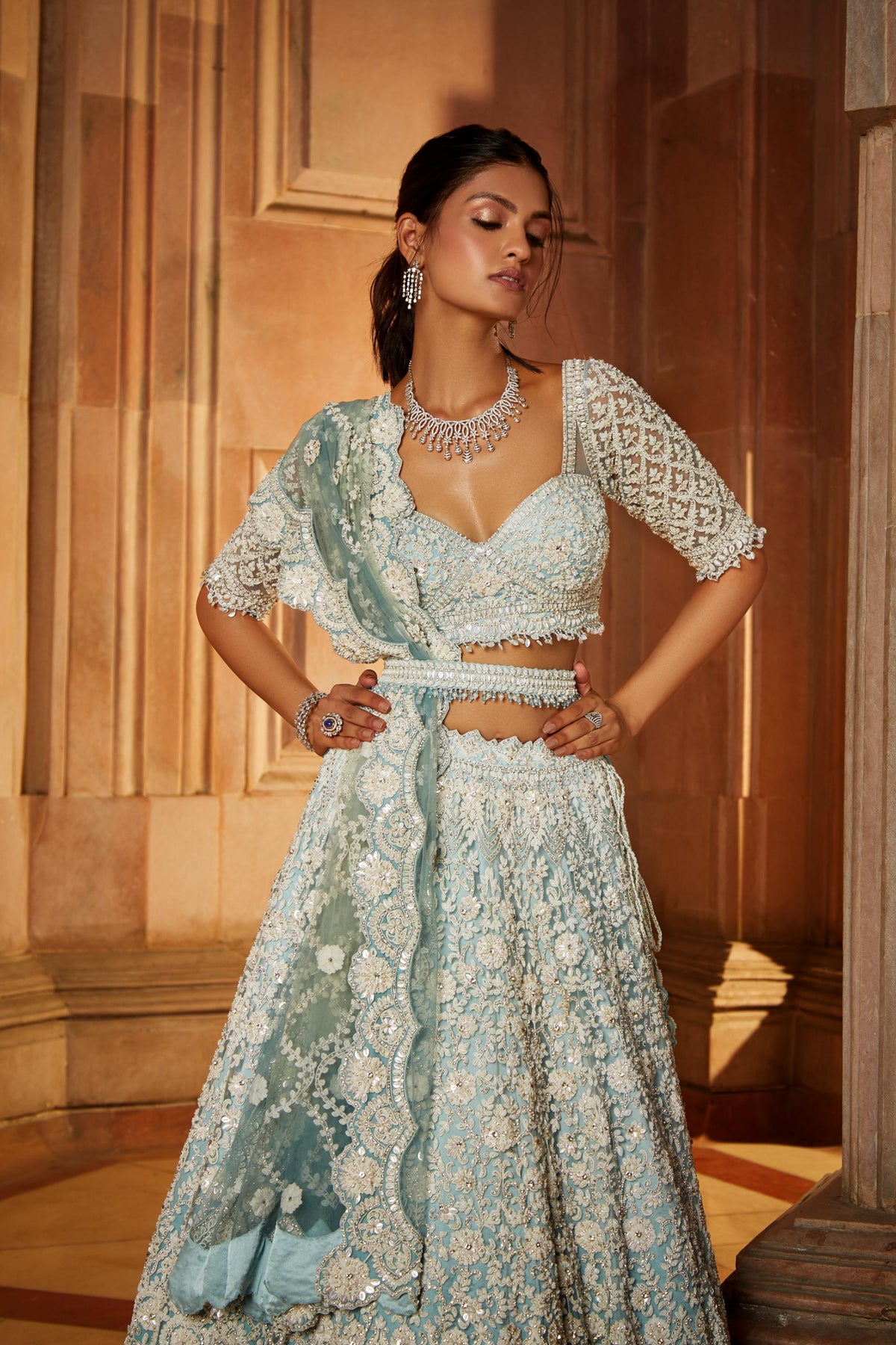 Aqua Ombr Tulle Lehenga Choli Dupatta