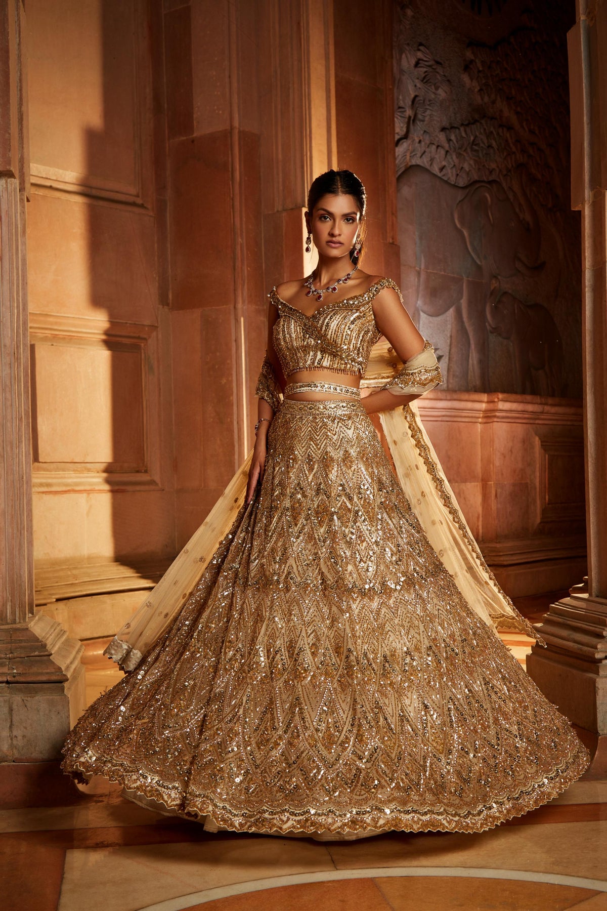 Champagne Gold Tulle Lehenga Choli Dupatta Set with Worked Belt