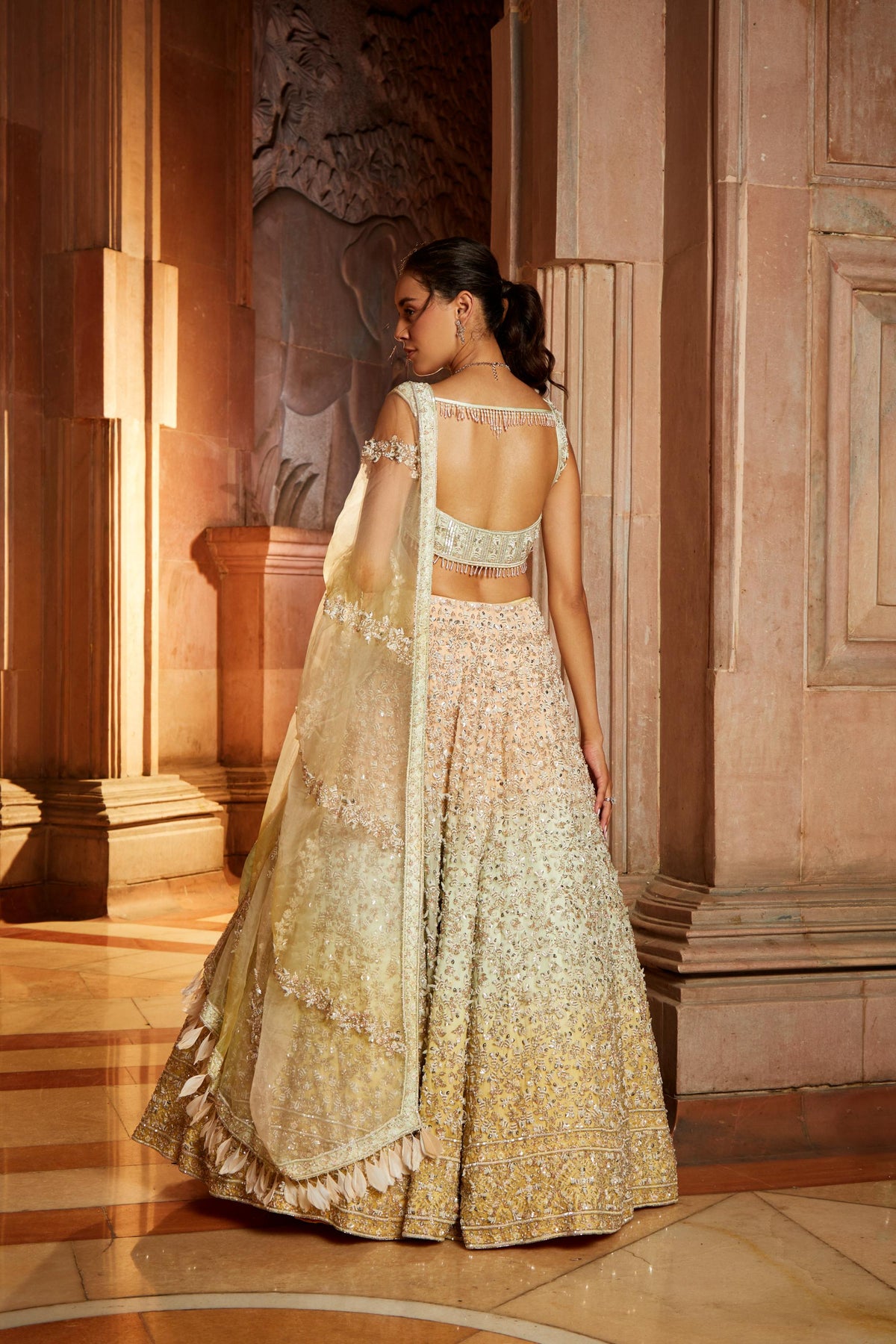 Tripple Colour Shaded Organza Lehenga Choli Dupatta Set with Optional Veil