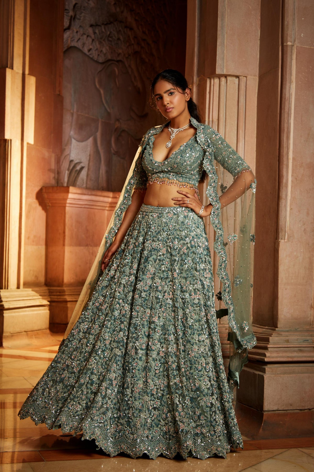 Sage Green Tulle Lehenga Choli Set