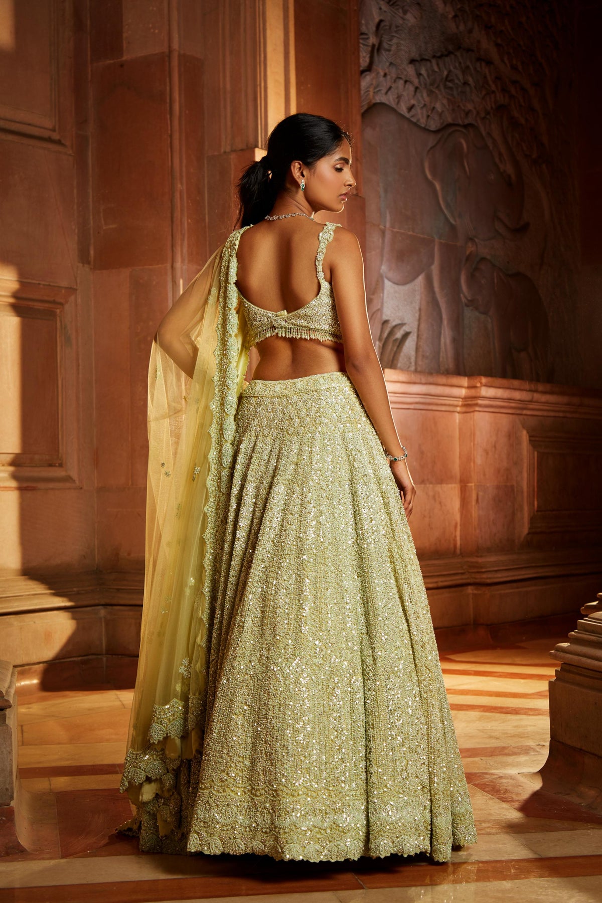 Lime Green Tulle Lehenga Choli Dupatta Set
