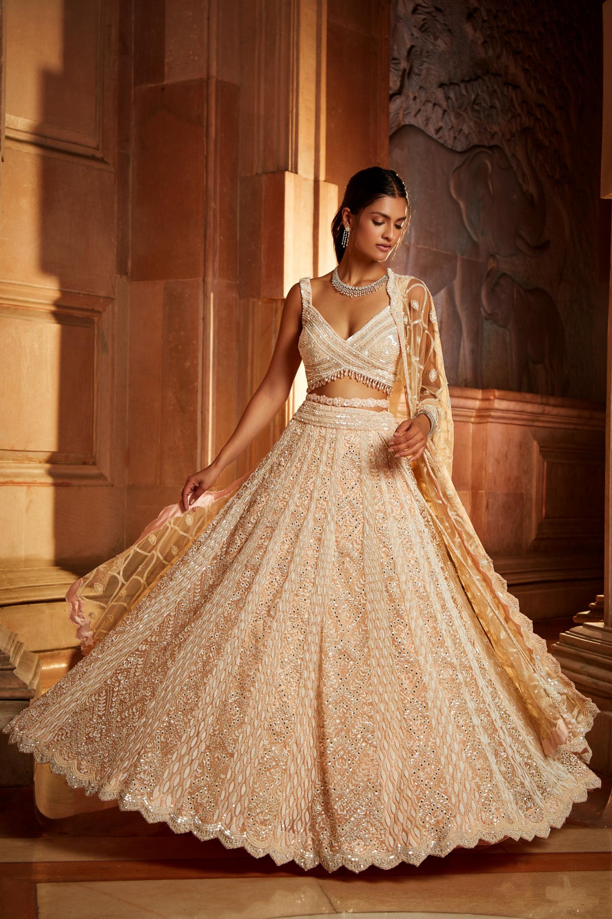 Nude Pink Tulle Lehenga Choli Dupatta Set with Worked Belt