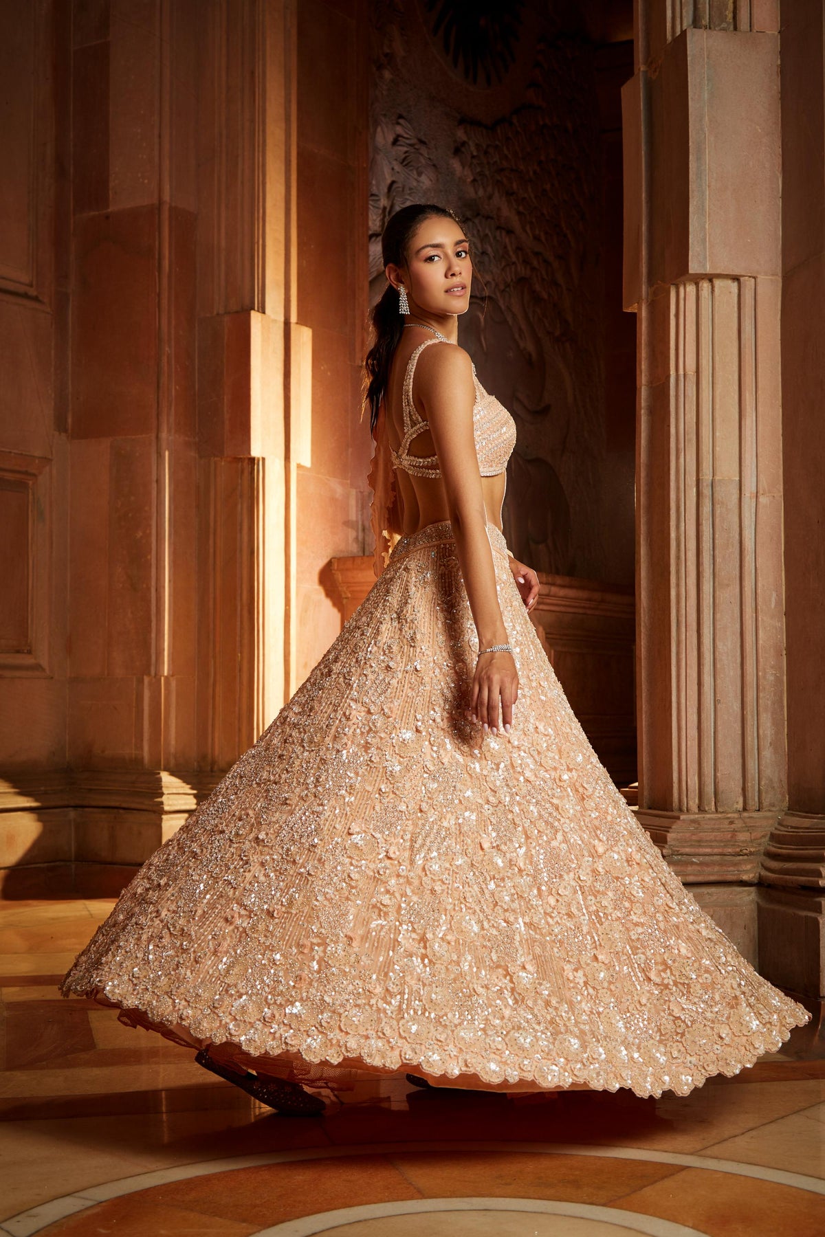 Peach Tulle Lehenga Choli Dupatta Set