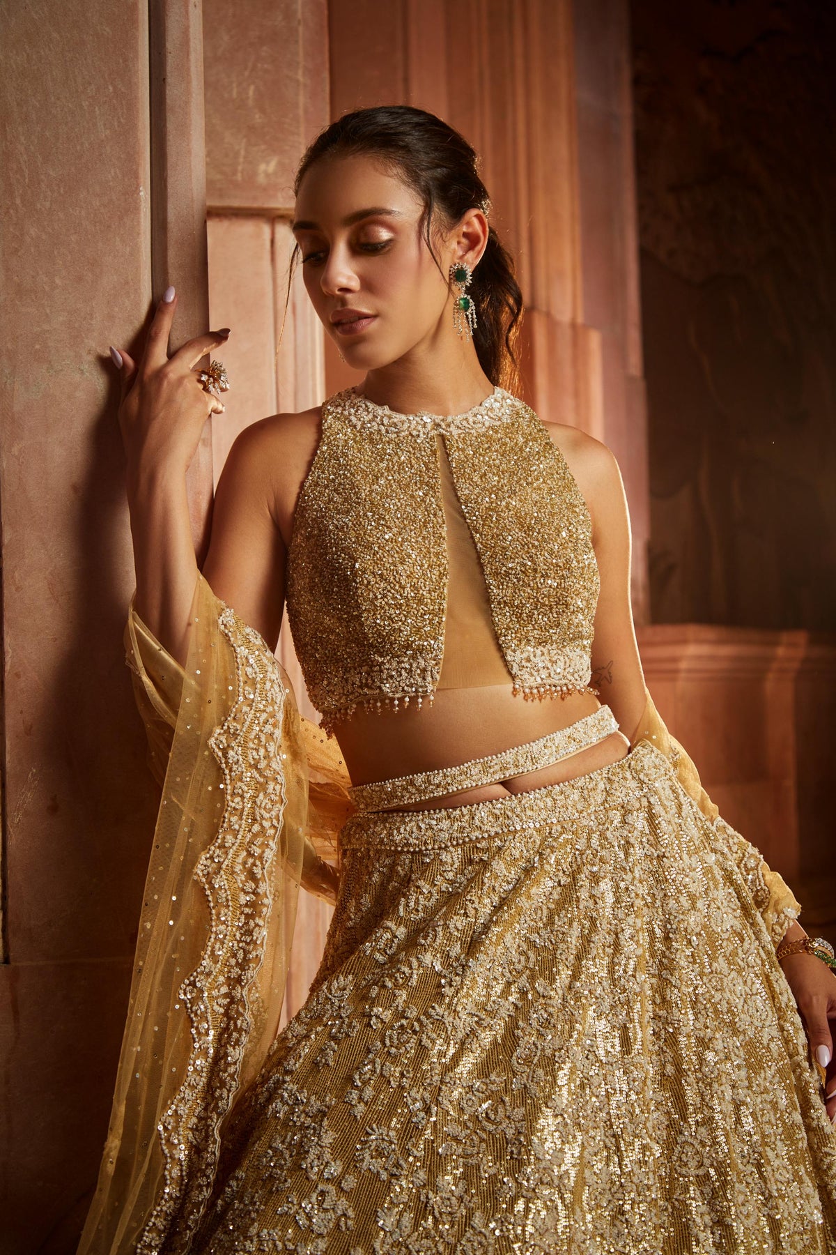 Gold Tulle Lehenga Choli Dupatta Set with Worked Belt