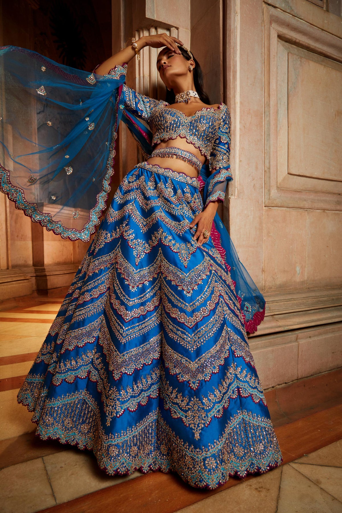 Peacock Blue Tafetta Lehenga Choli with a Tulle Dupatta and Belt