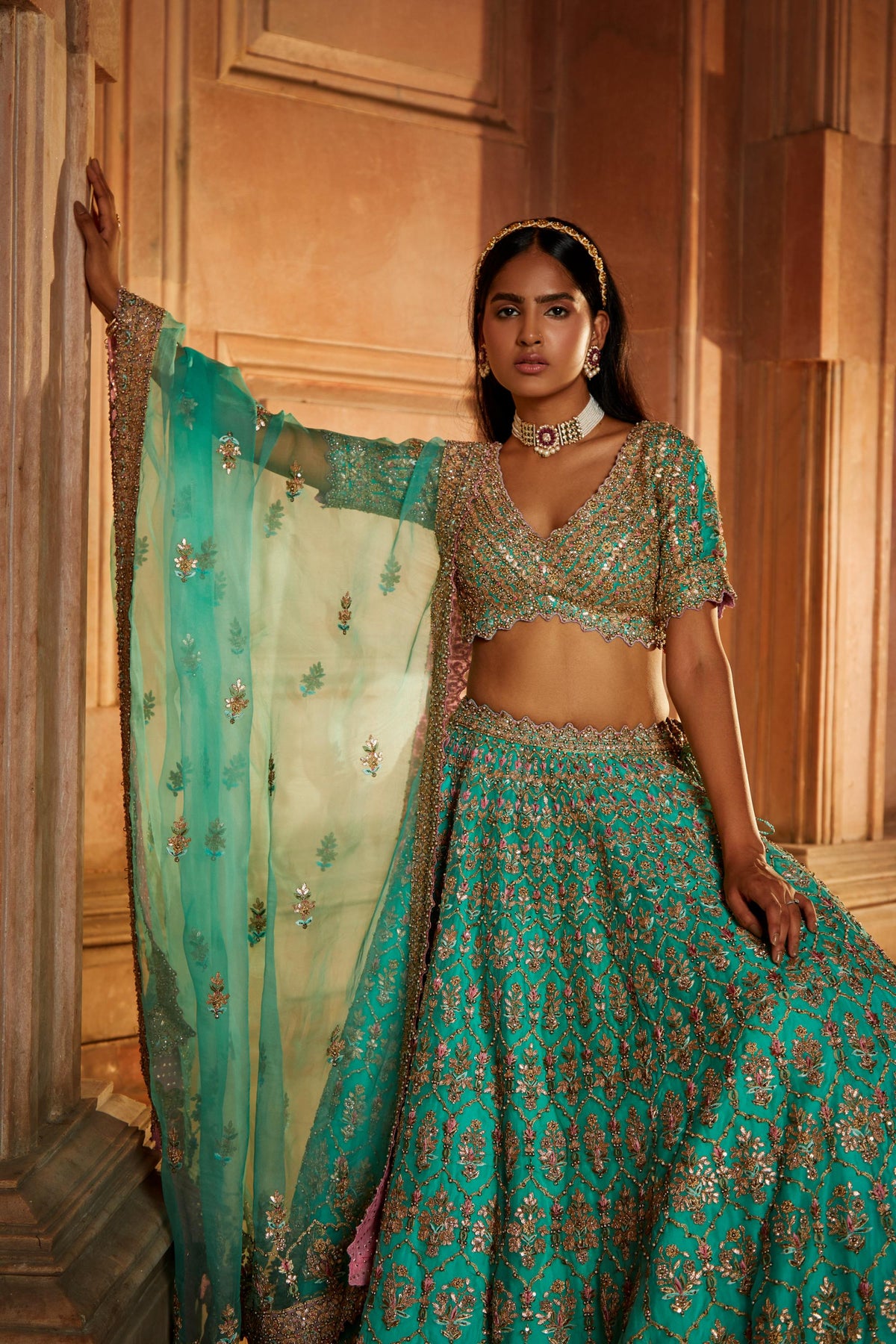Teal Green Organza Lehenga Choli Dupatta Set