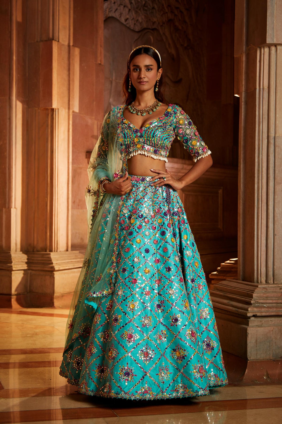 Vibrant Aqua Tafetta Lehenga Choli with Tulle Dupatta