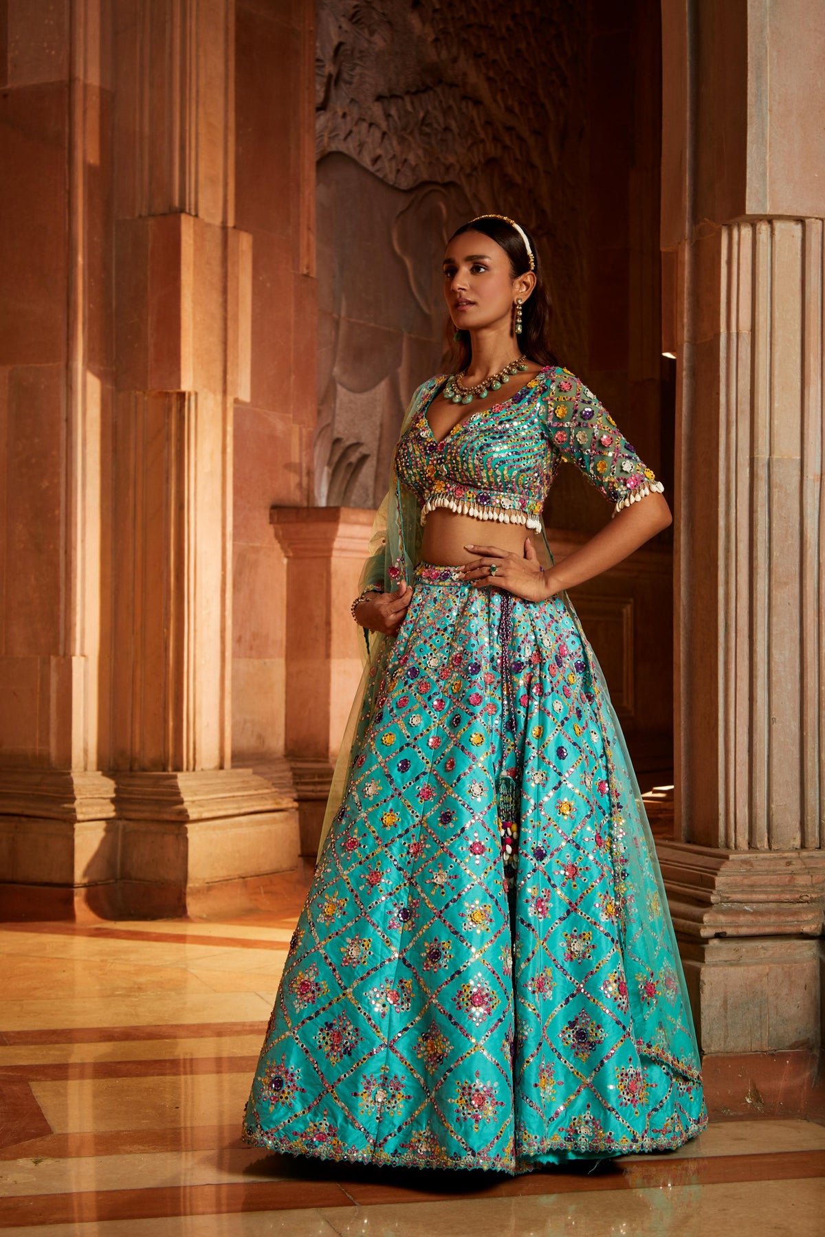 Vibrant Aqua Tafetta Lehenga Choli with Tulle Dupatta
