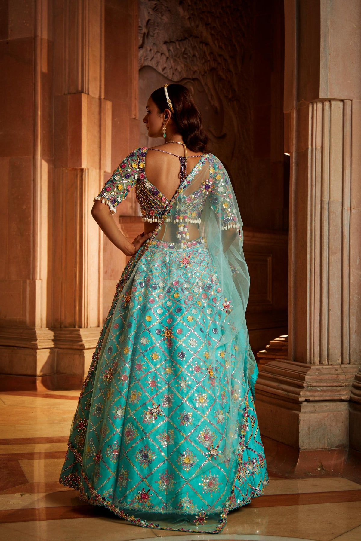Vibrant Aqua Tafetta Lehenga Choli with Tulle Dupatta