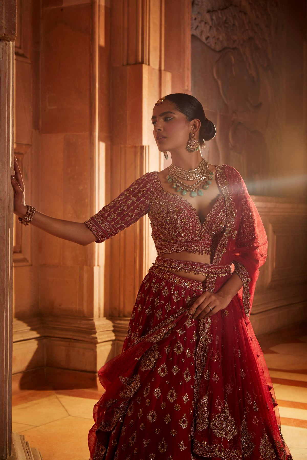 Blood Red Raw Silk Bridal Lehenga Choli Set with Tulle Dupatta