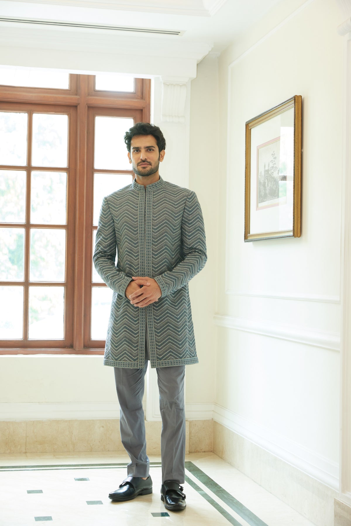 PEWTER GREY MATKA EMBROIDERED SHORT SHERWANI WITH KURTA AND TROUSER