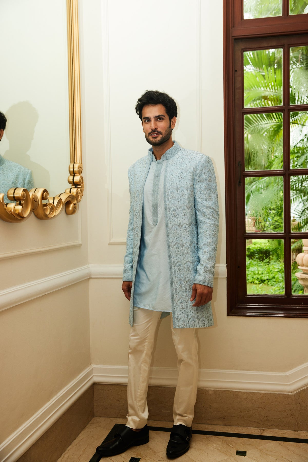 POWDER BLUE RAW SILK OPEN SHERWANI JACKET WITH KURTA AND TROUSER