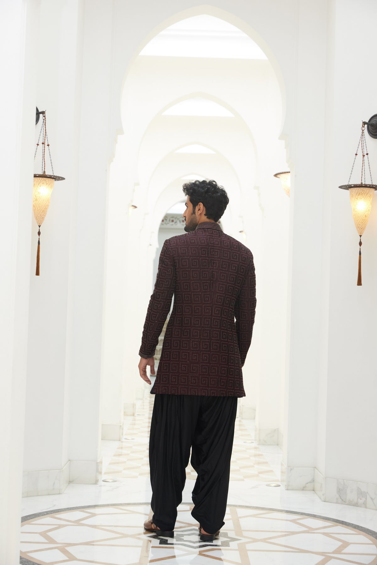 BURGUNDY RAW SILK EMBROIDERED SHORT SHERWANI WITH KURTA AND SALWAR