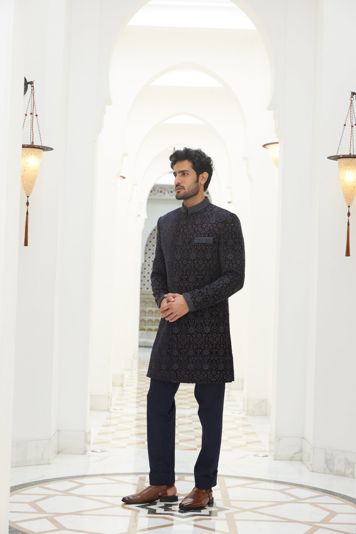 MIDNIGHT BLUE EMBROIDERED VELVET SHORT SHERWANI WITH KURTA AND TROUSER