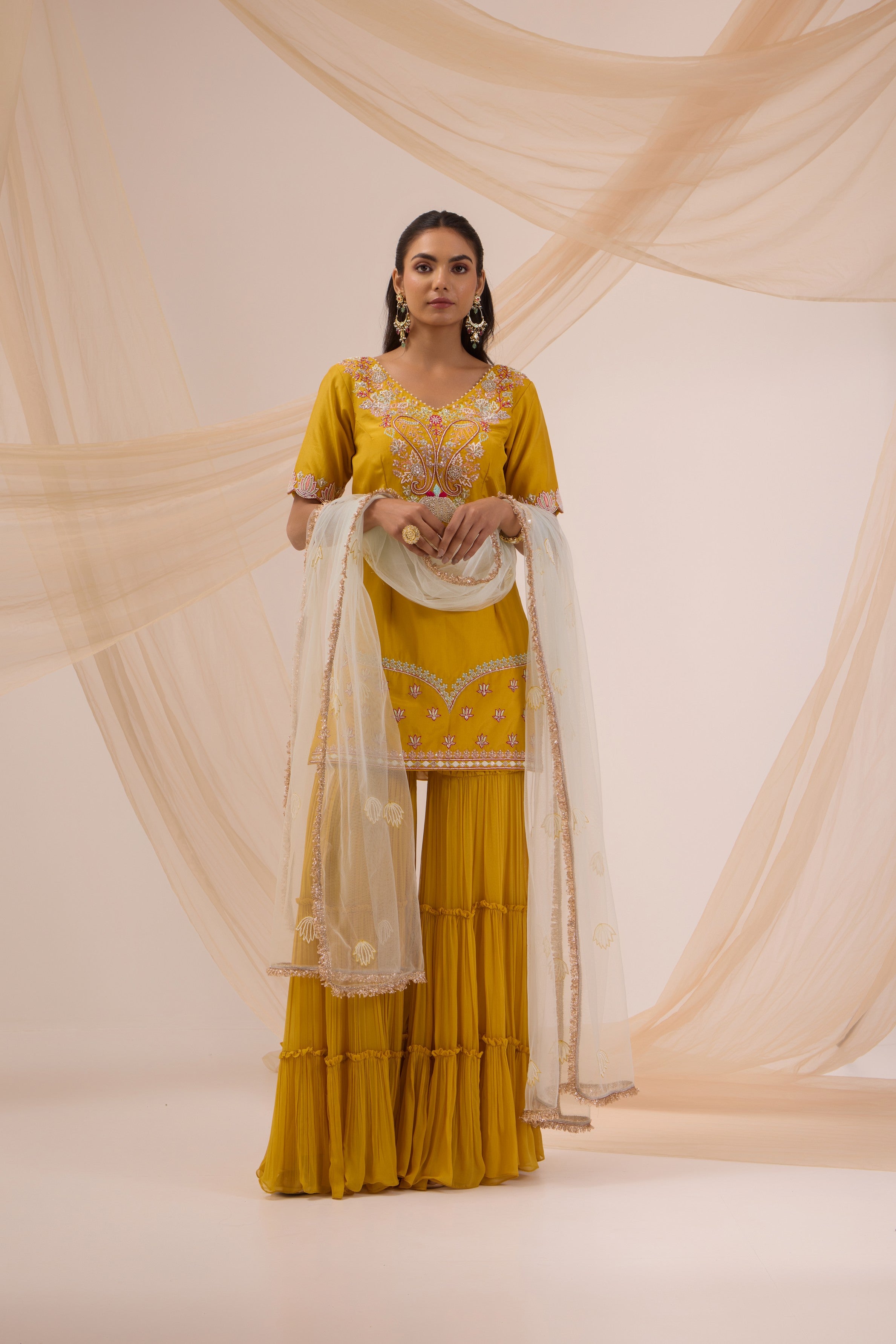 Mustard yellow straight suit with garara & dupatta set