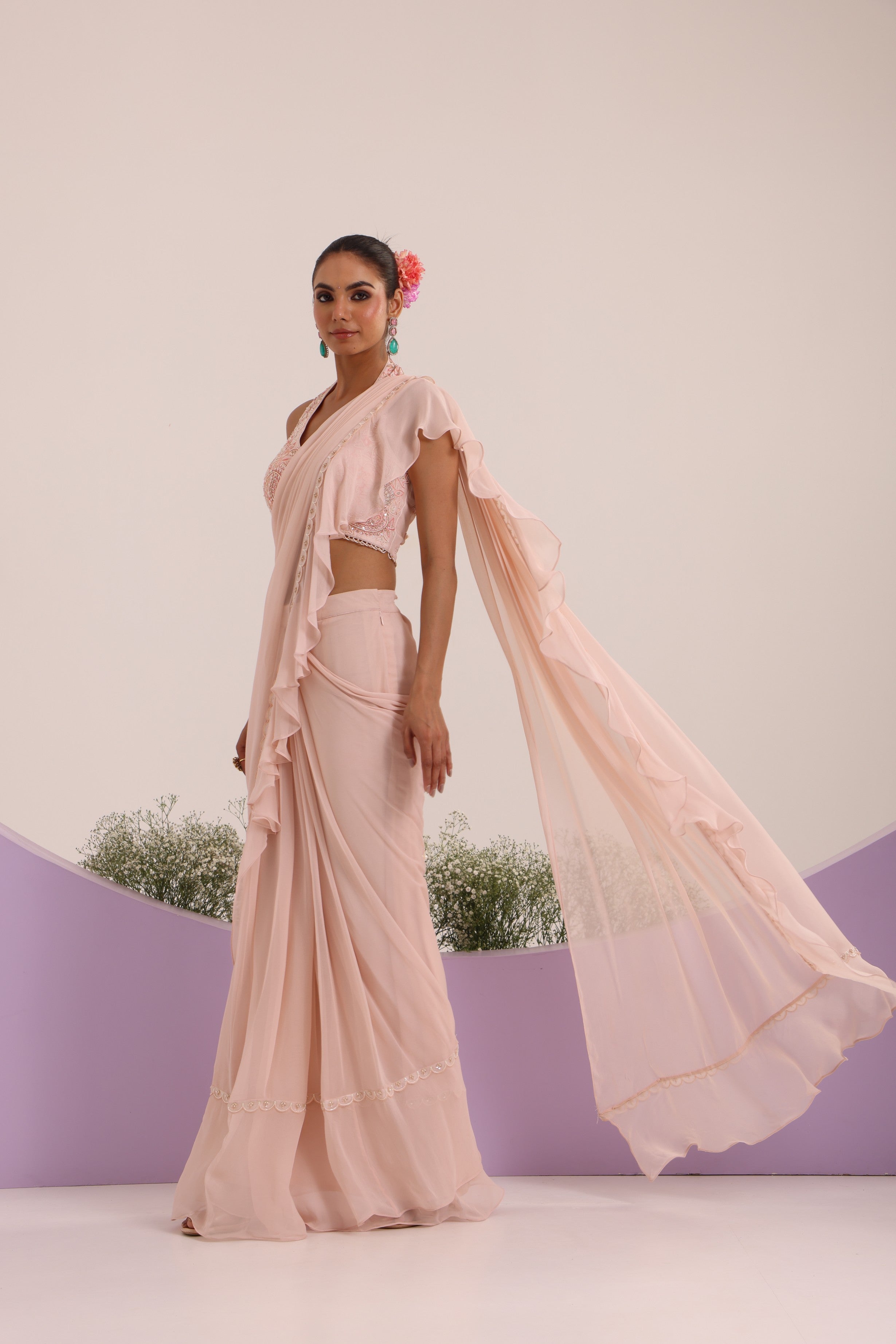 Peach drape frill saree with blouse