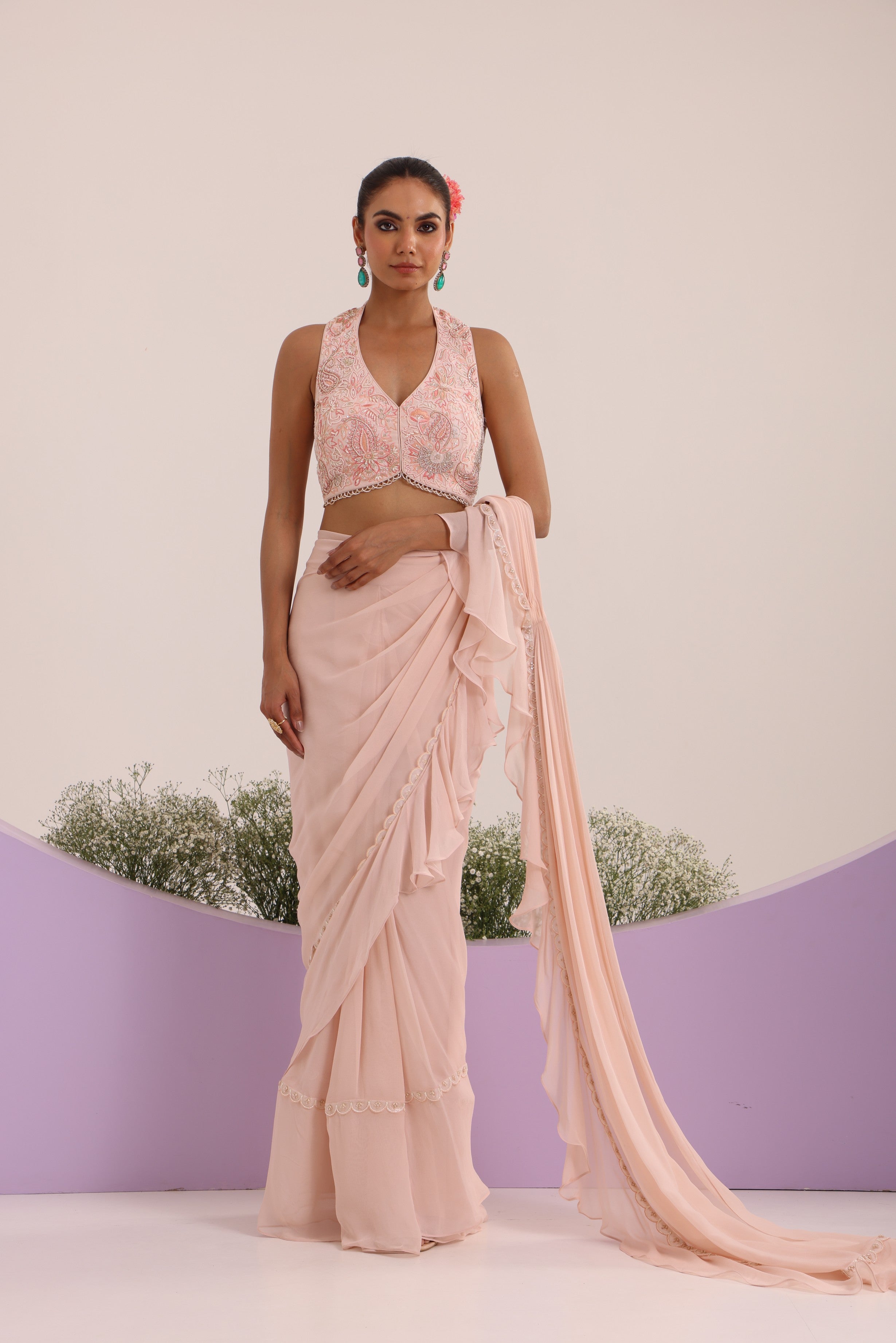 Peach drape frill saree with blouse