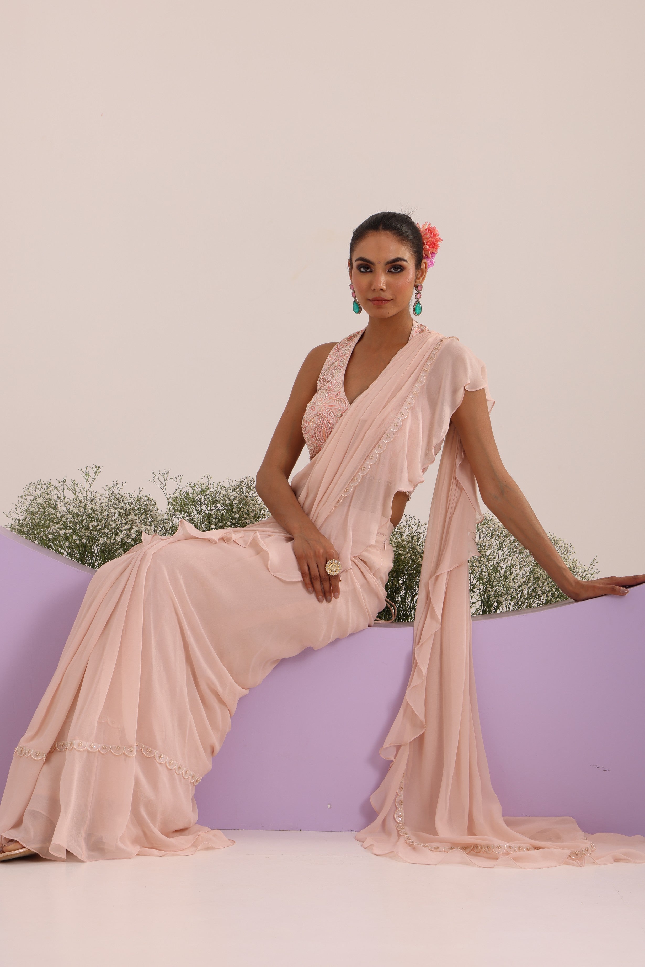 Peach drape frill saree with blouse
