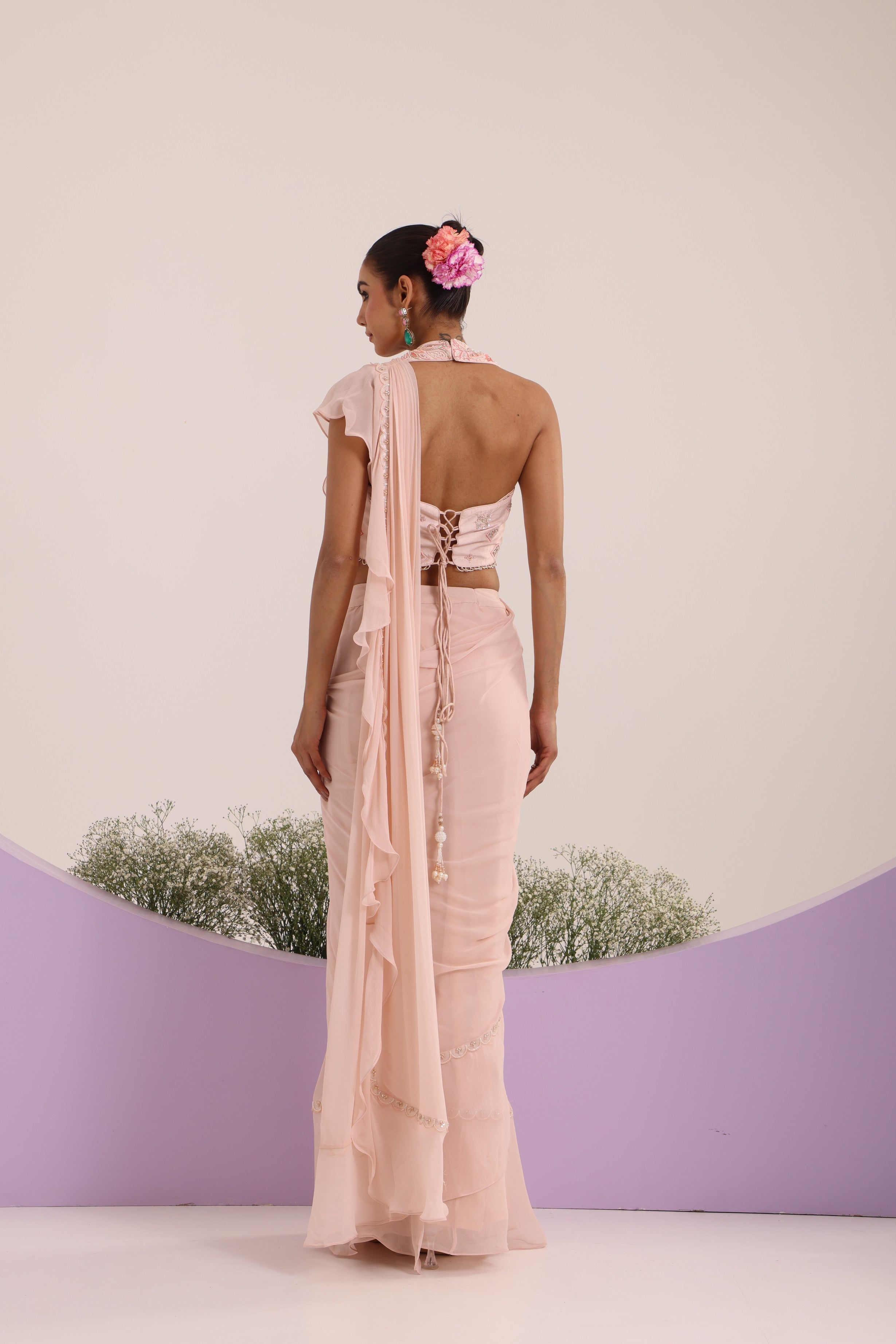 Peach drape frill saree with blouse