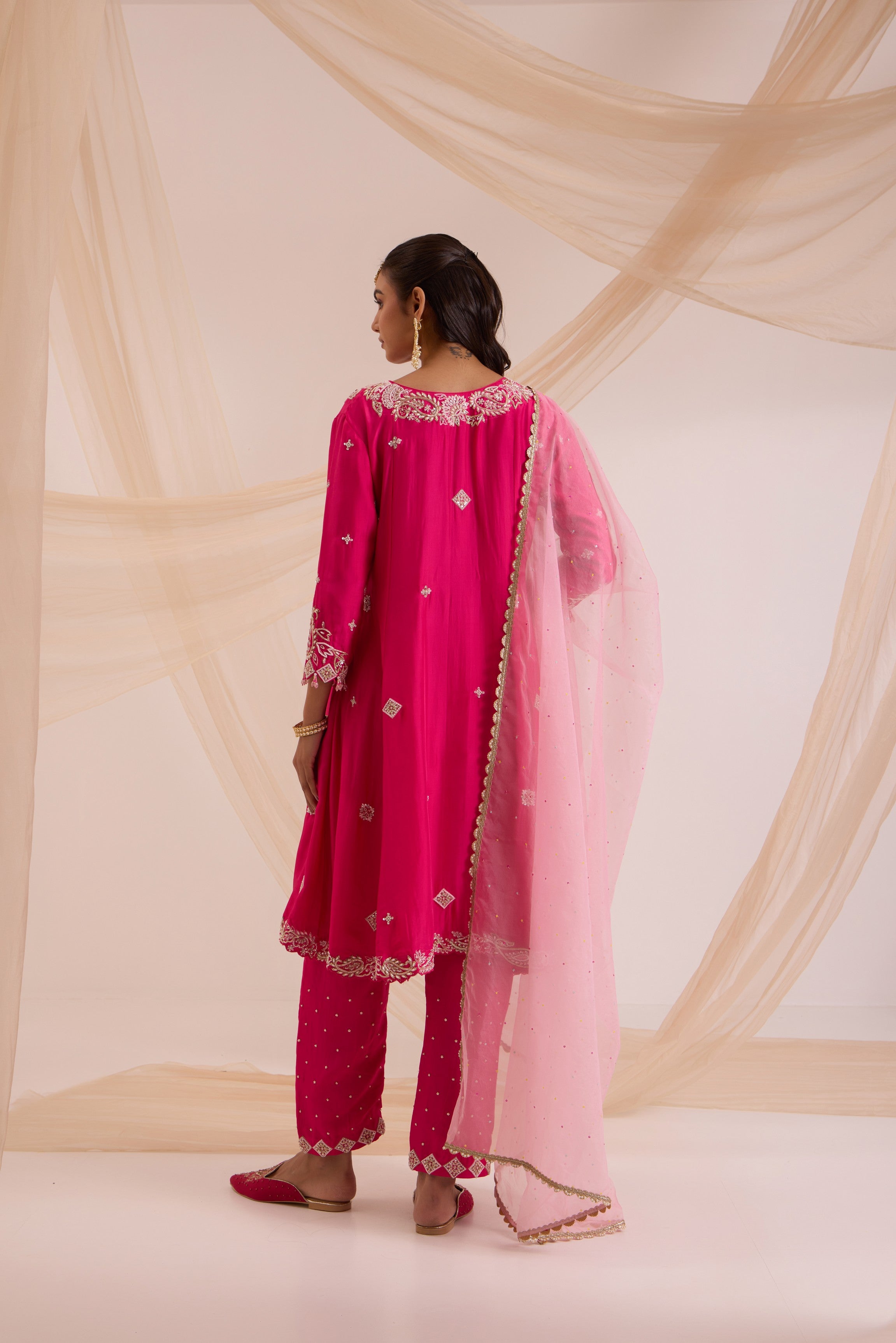 Fuscia pink A-line suit with pant & dupatta set