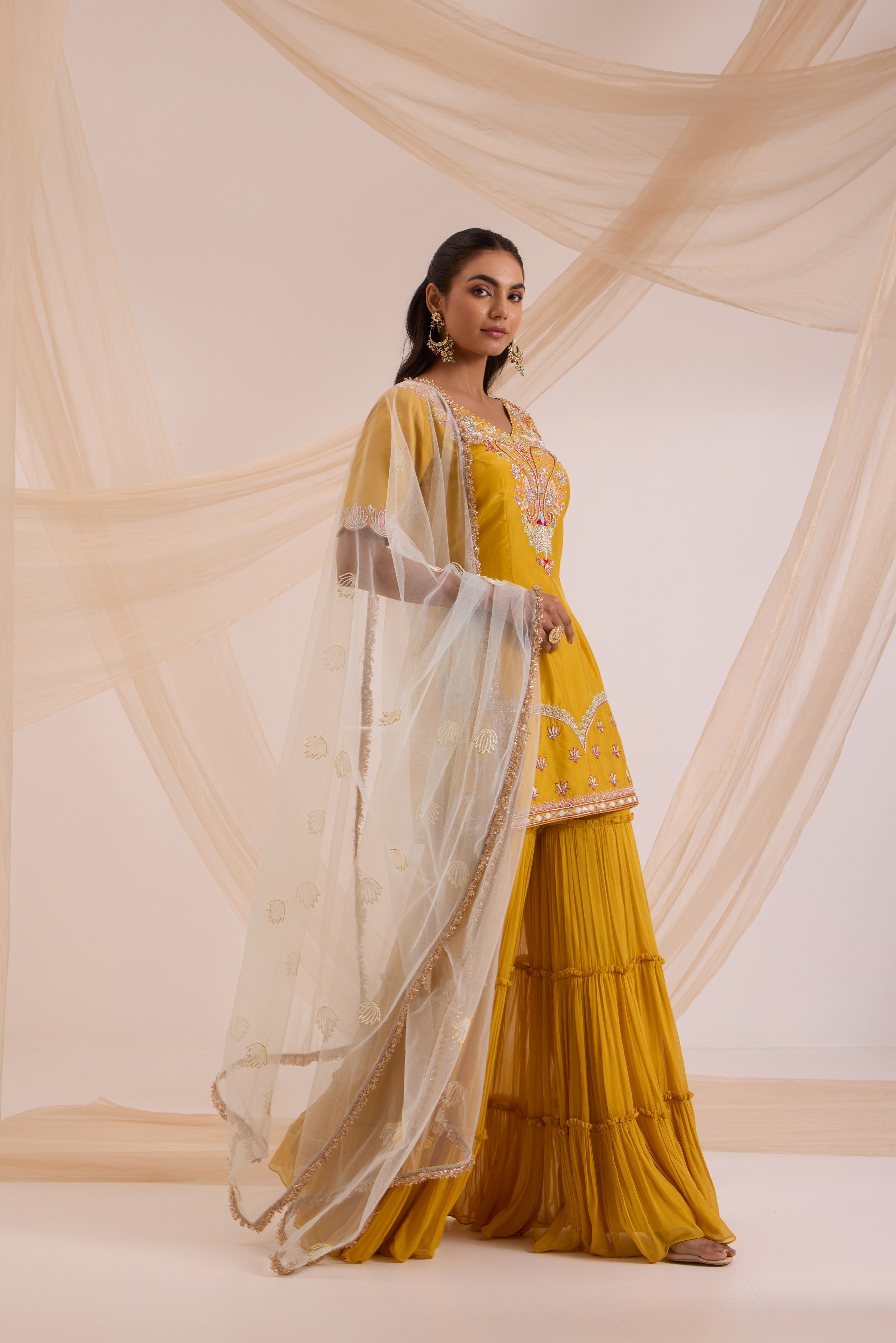 Mustard yellow straight suit with garara & dupatta set