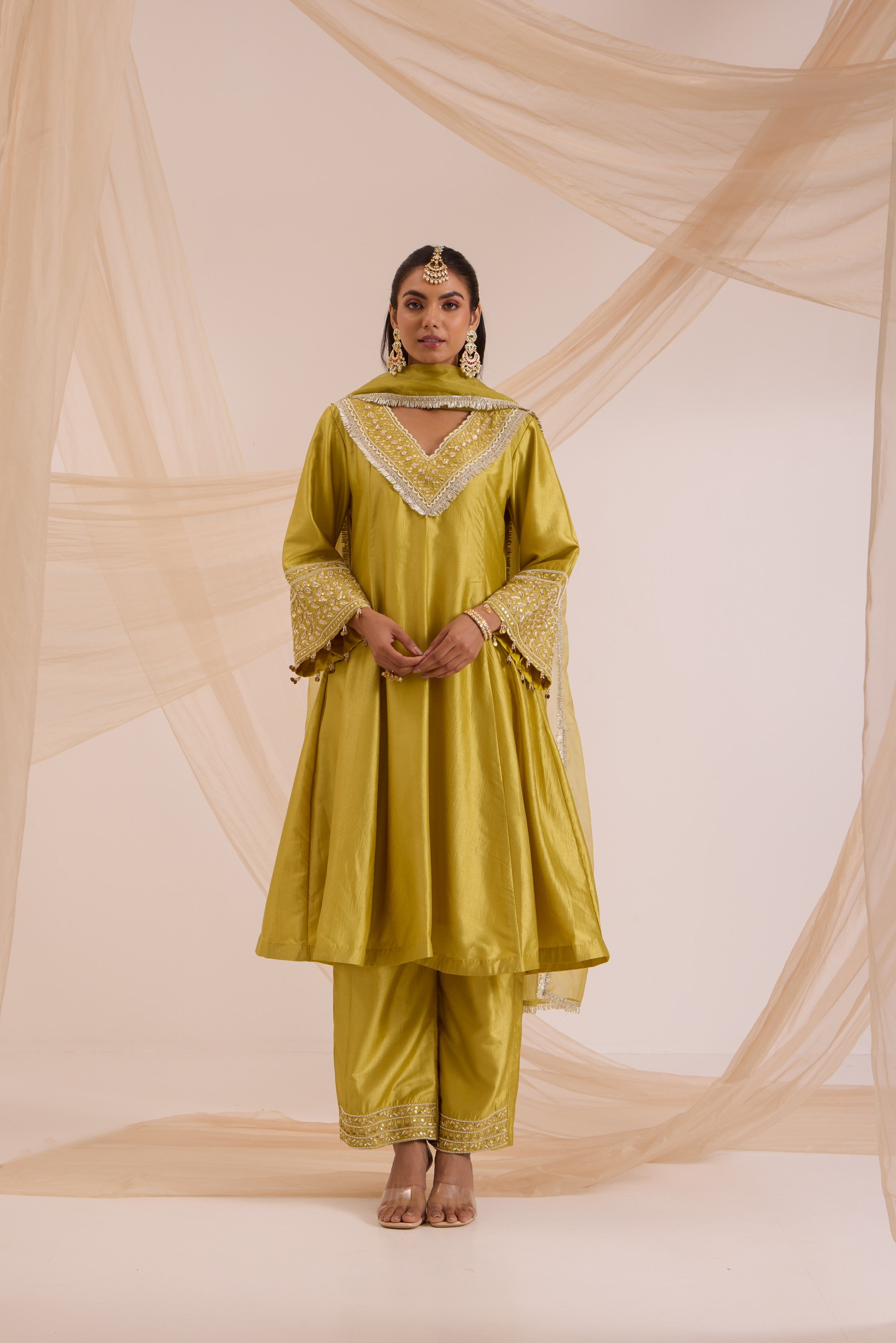 Lime green A-line suit with pant & dupatta set