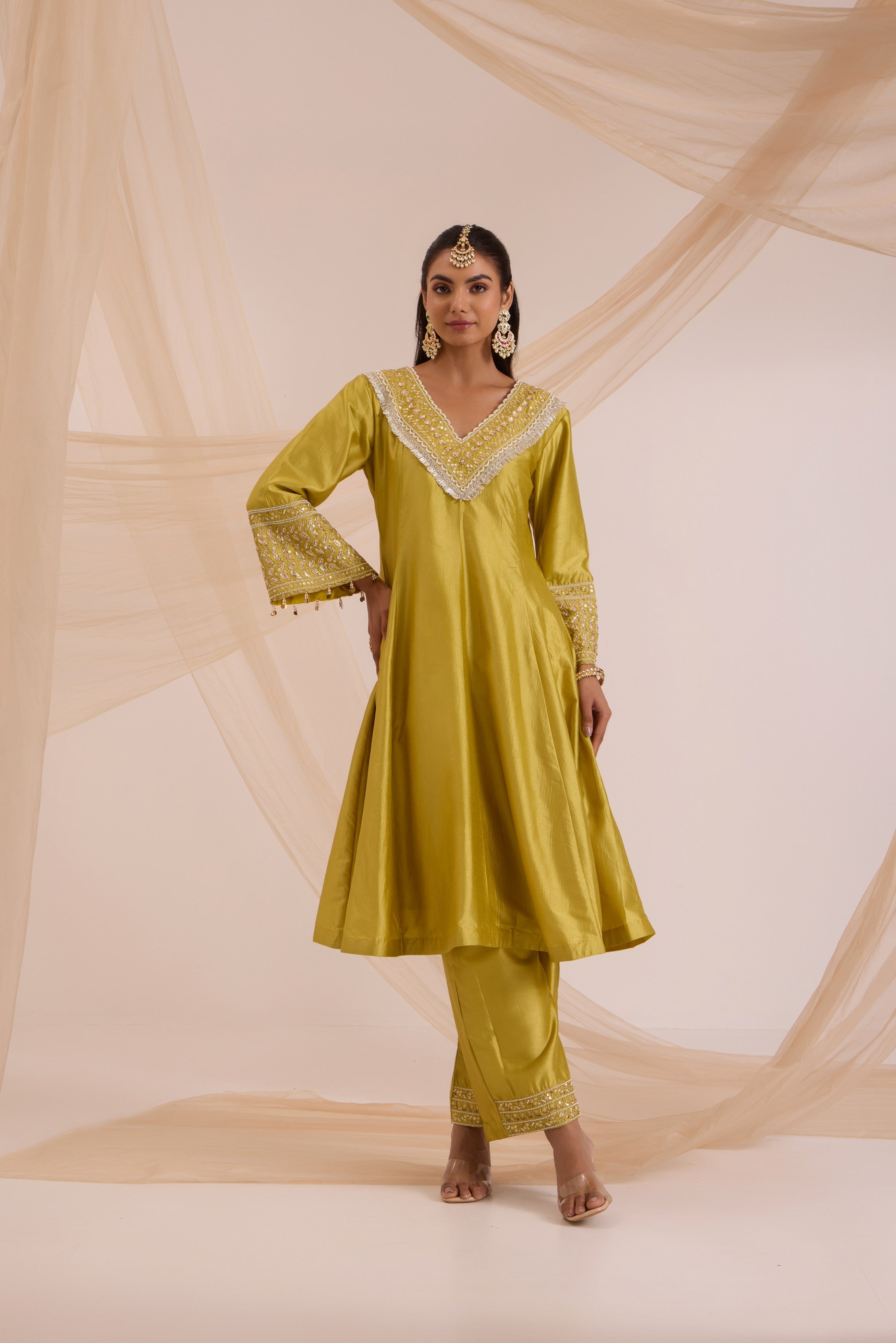 Lime green A-line suit with pant & dupatta set