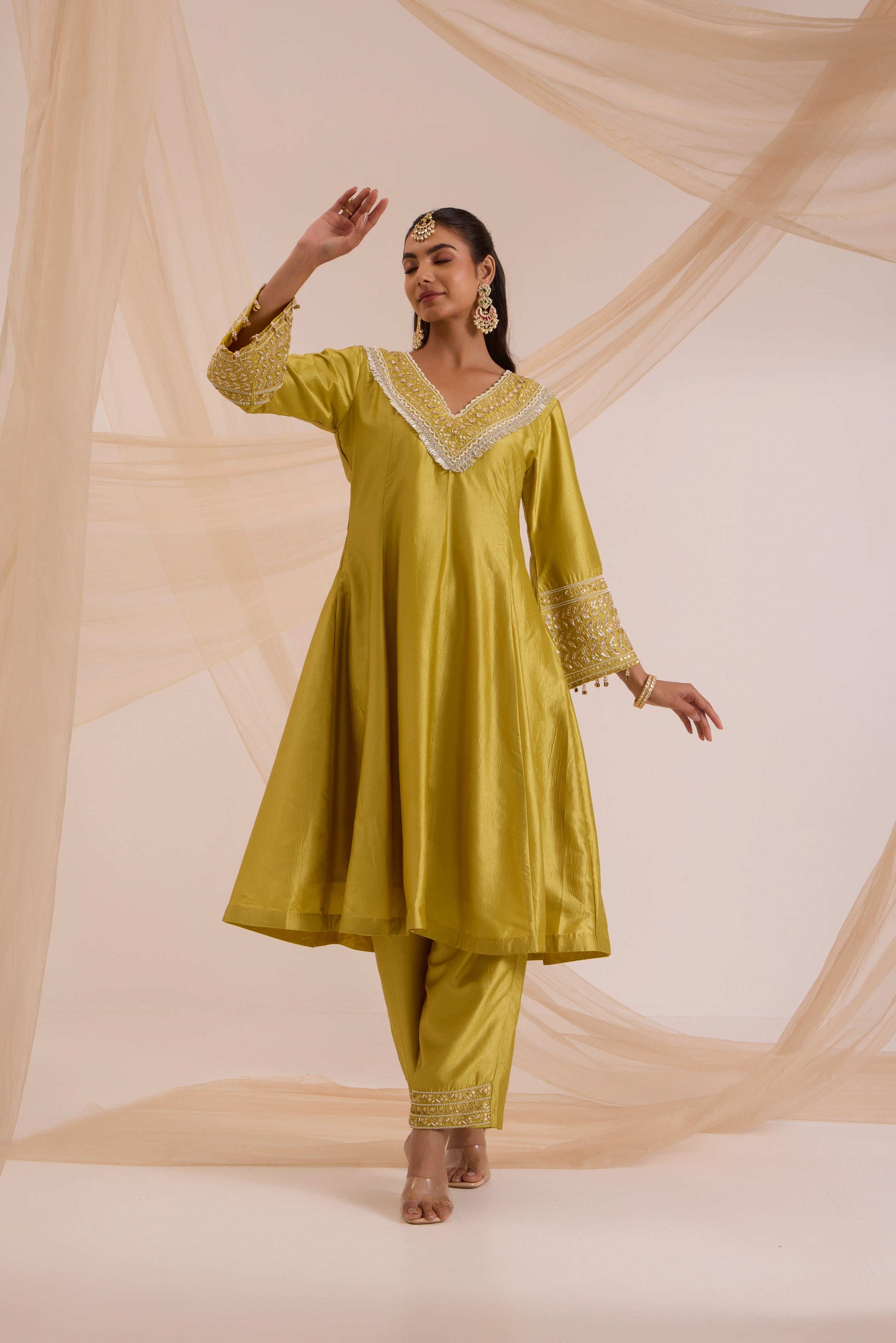 Lime green A-line suit with pant & dupatta set