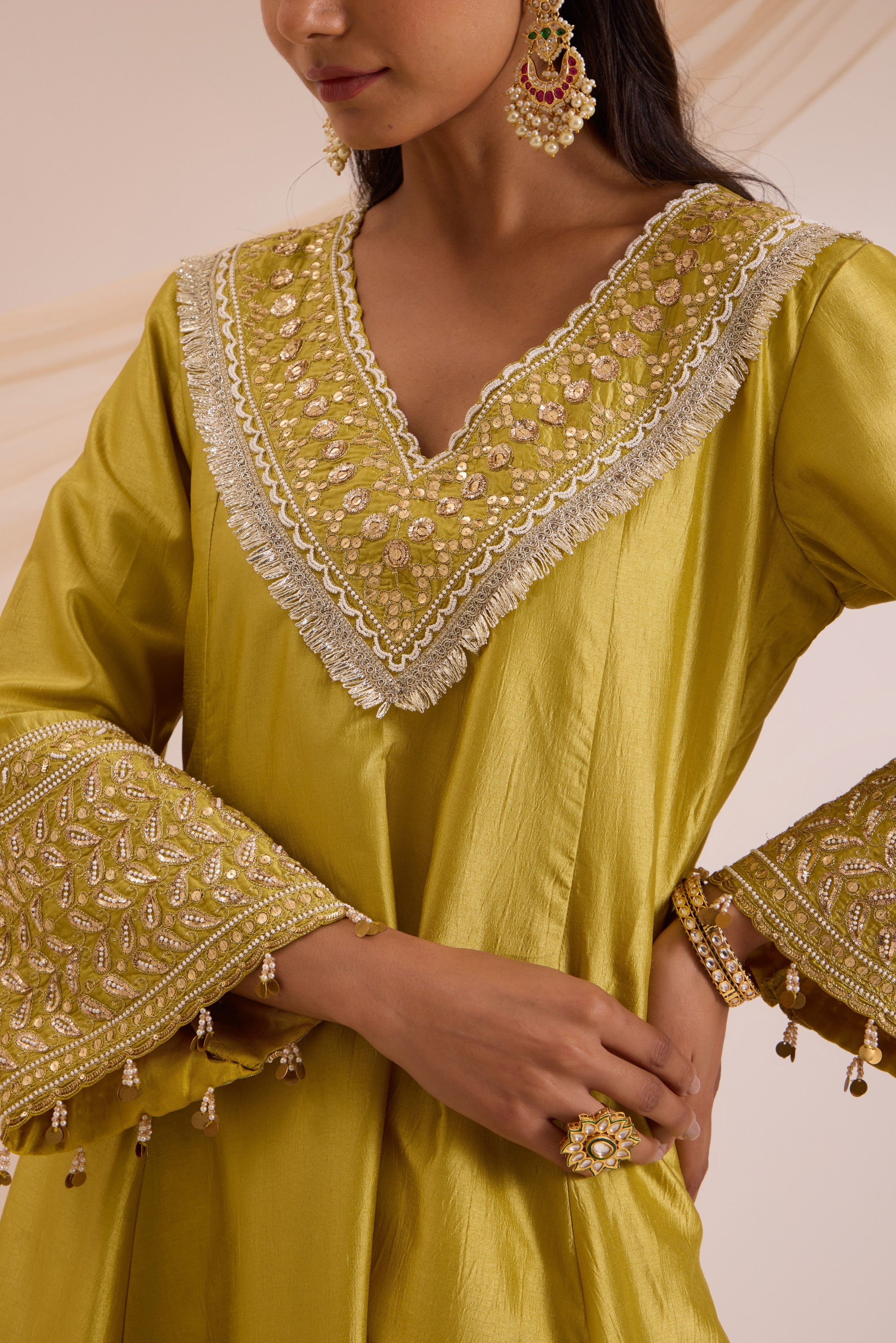Lime green A-line suit with pant & dupatta set