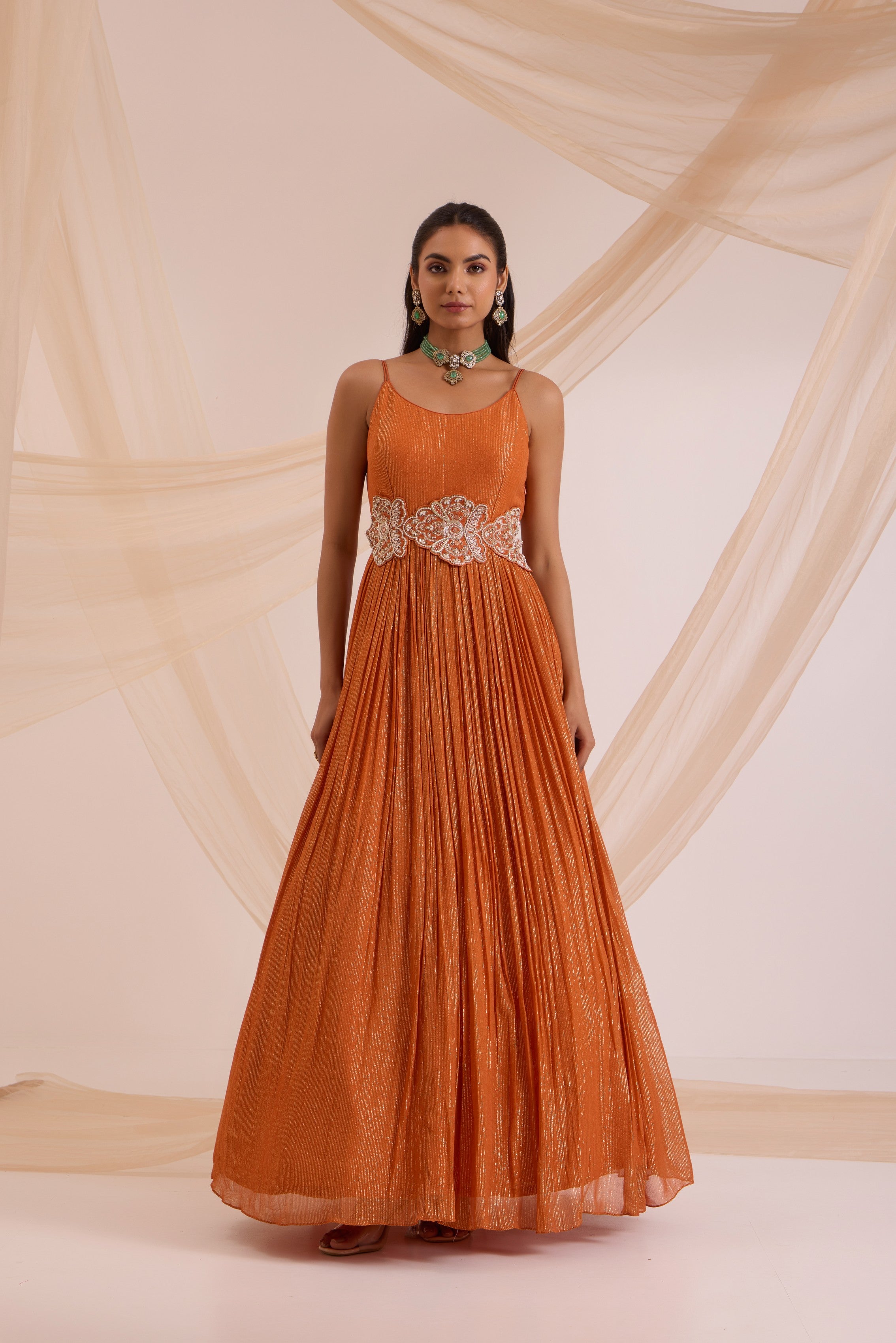 Rust anarkali with dupatta & detachable belt