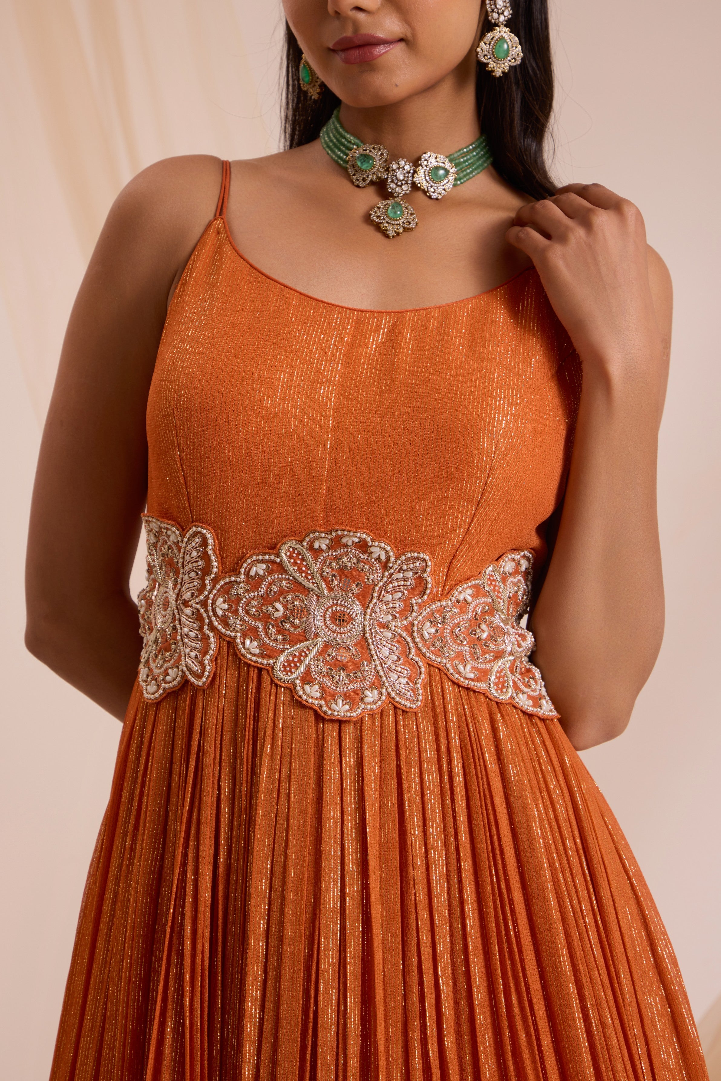 Rust anarkali with dupatta & detachable belt