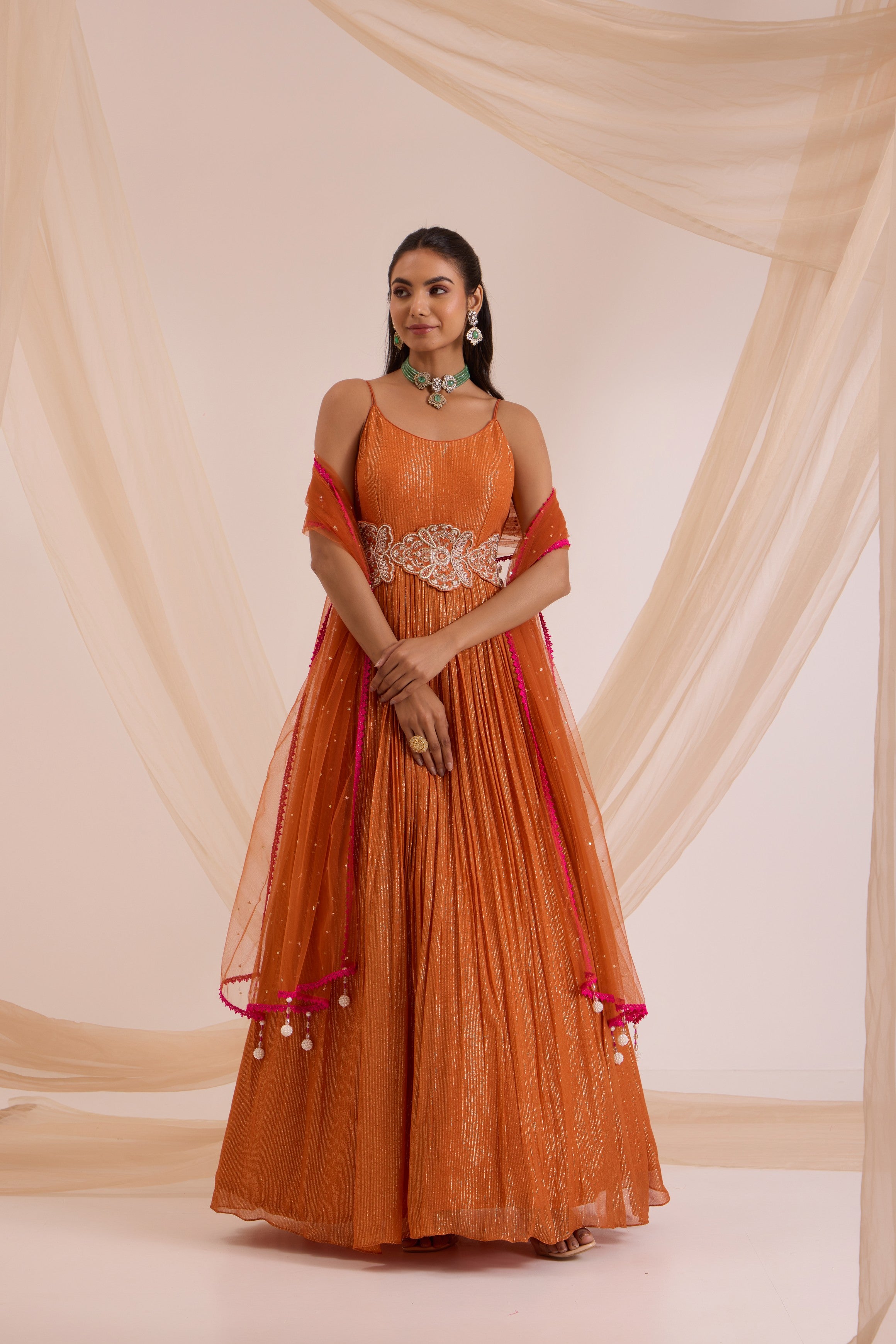 Rust anarkali with dupatta & detachable belt
