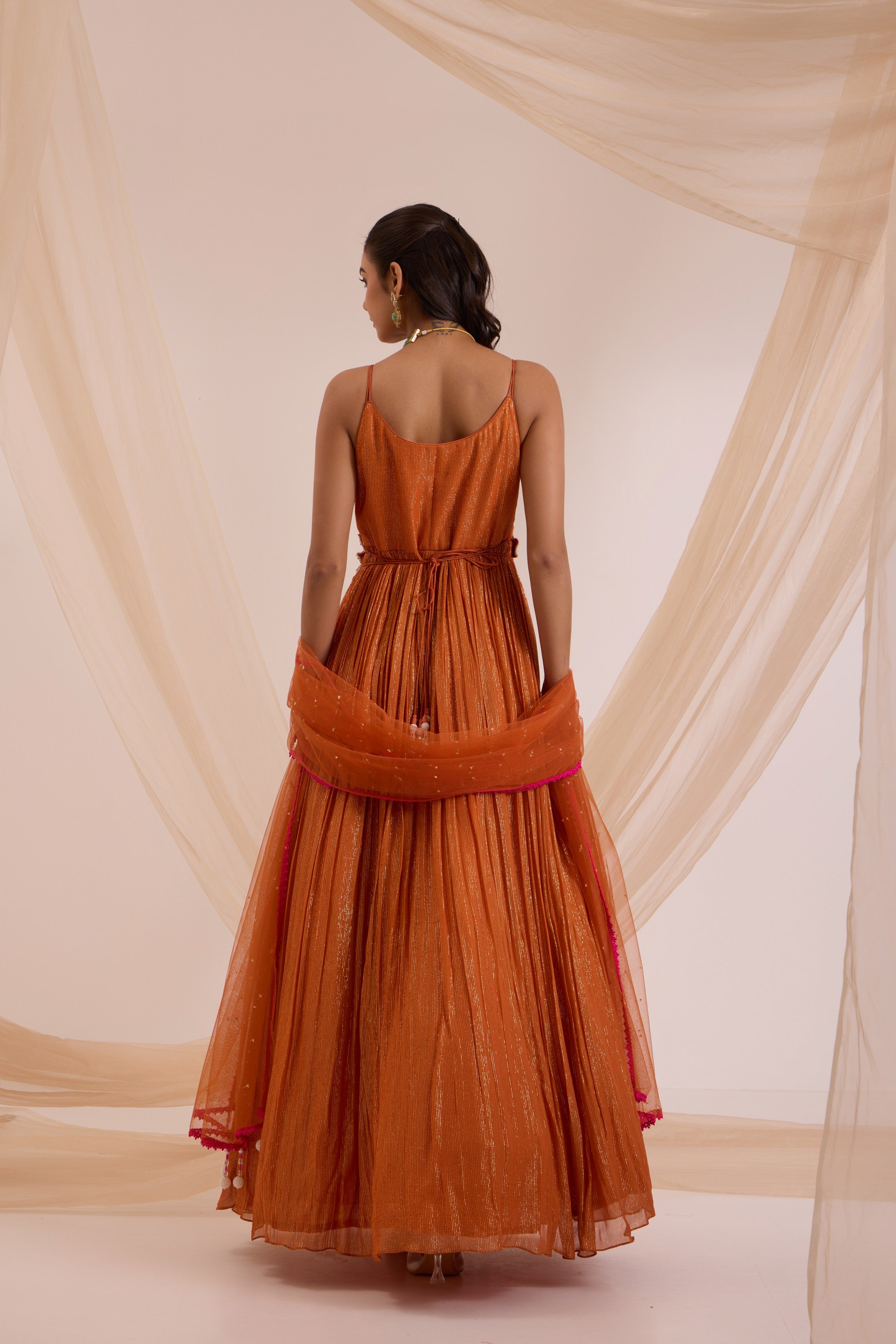 Rust anarkali with dupatta & detachable belt