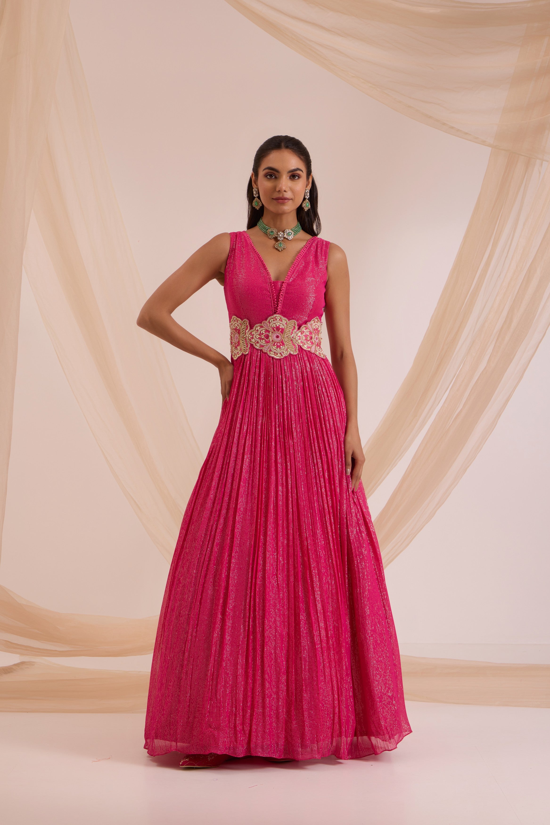 Fuscia pink anrkali with detachable belt & dupatta