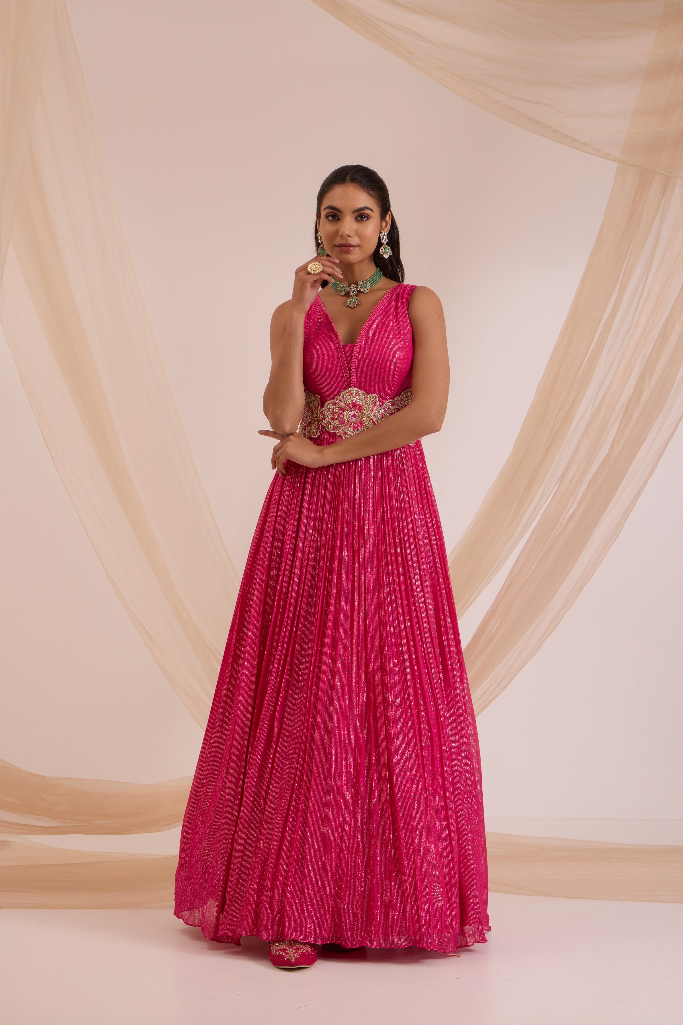 Fuscia pink anrkali with detachable belt & dupatta