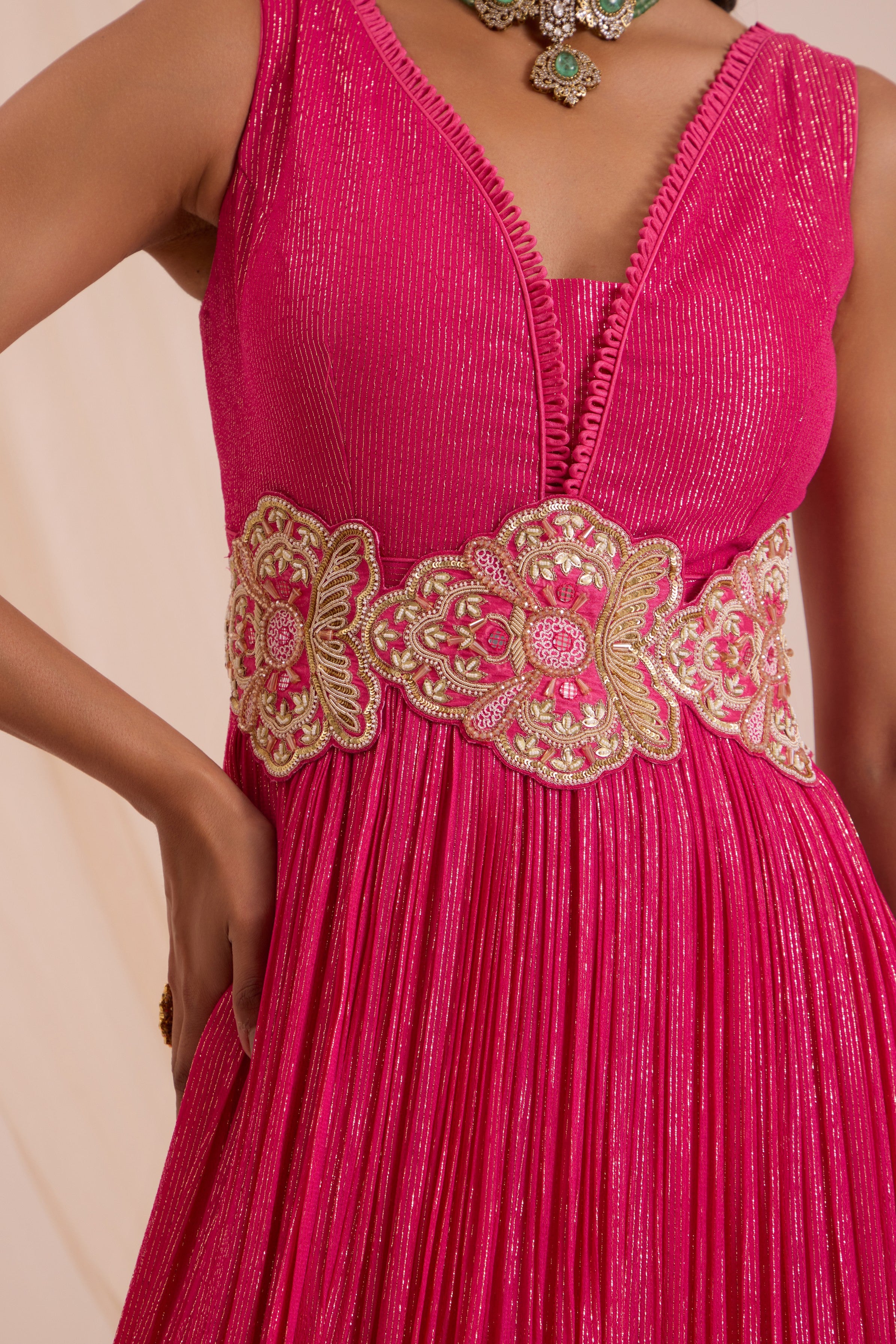 Fuscia pink anrkali with detachable belt & dupatta
