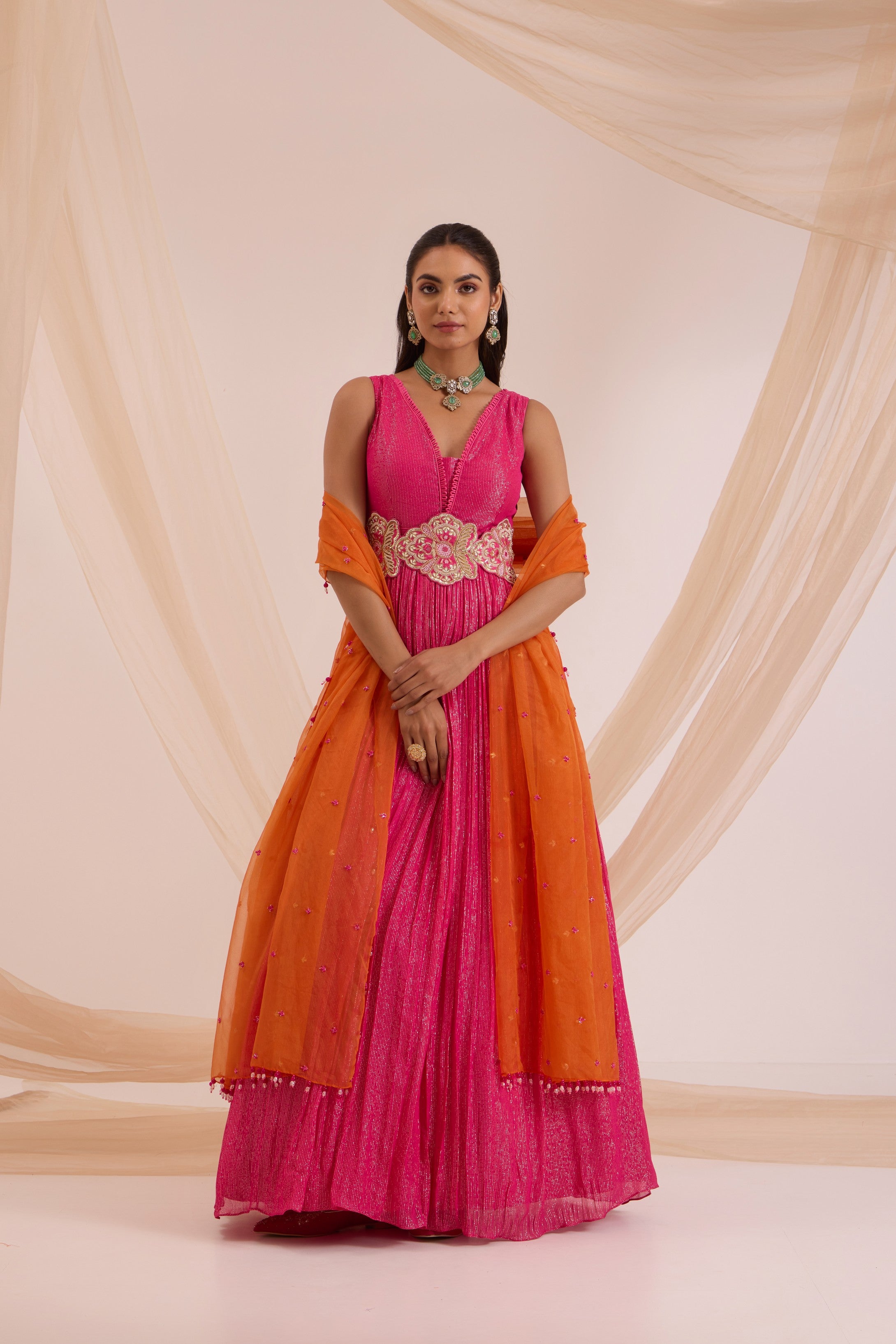 Fuscia pink anrkali with detachable belt & dupatta