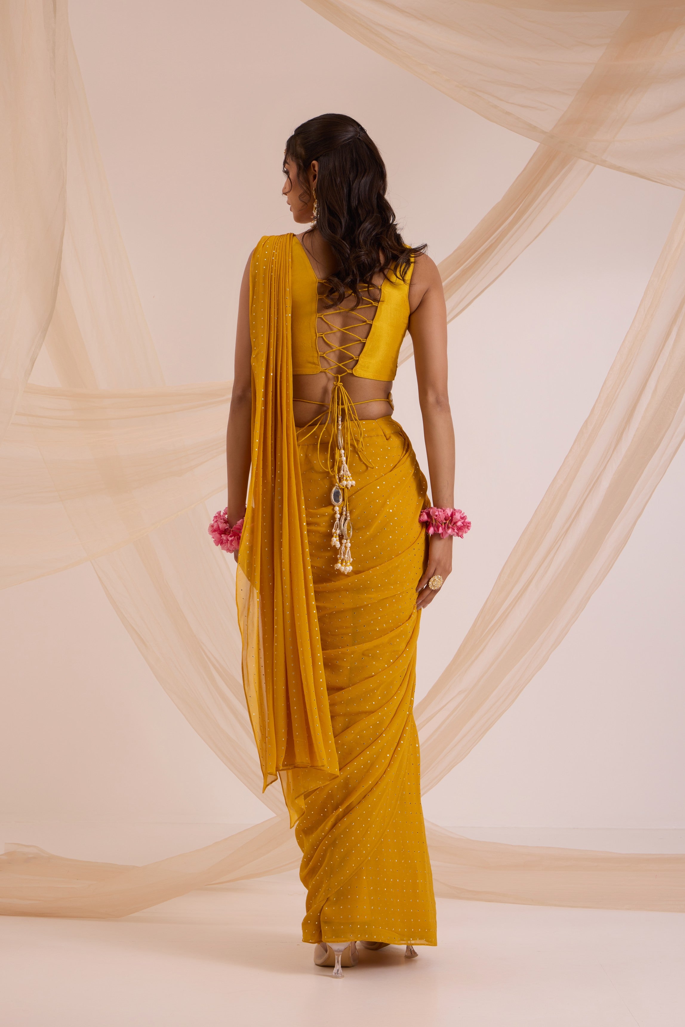 Mustard yellow saree with blouse & detachable belt set