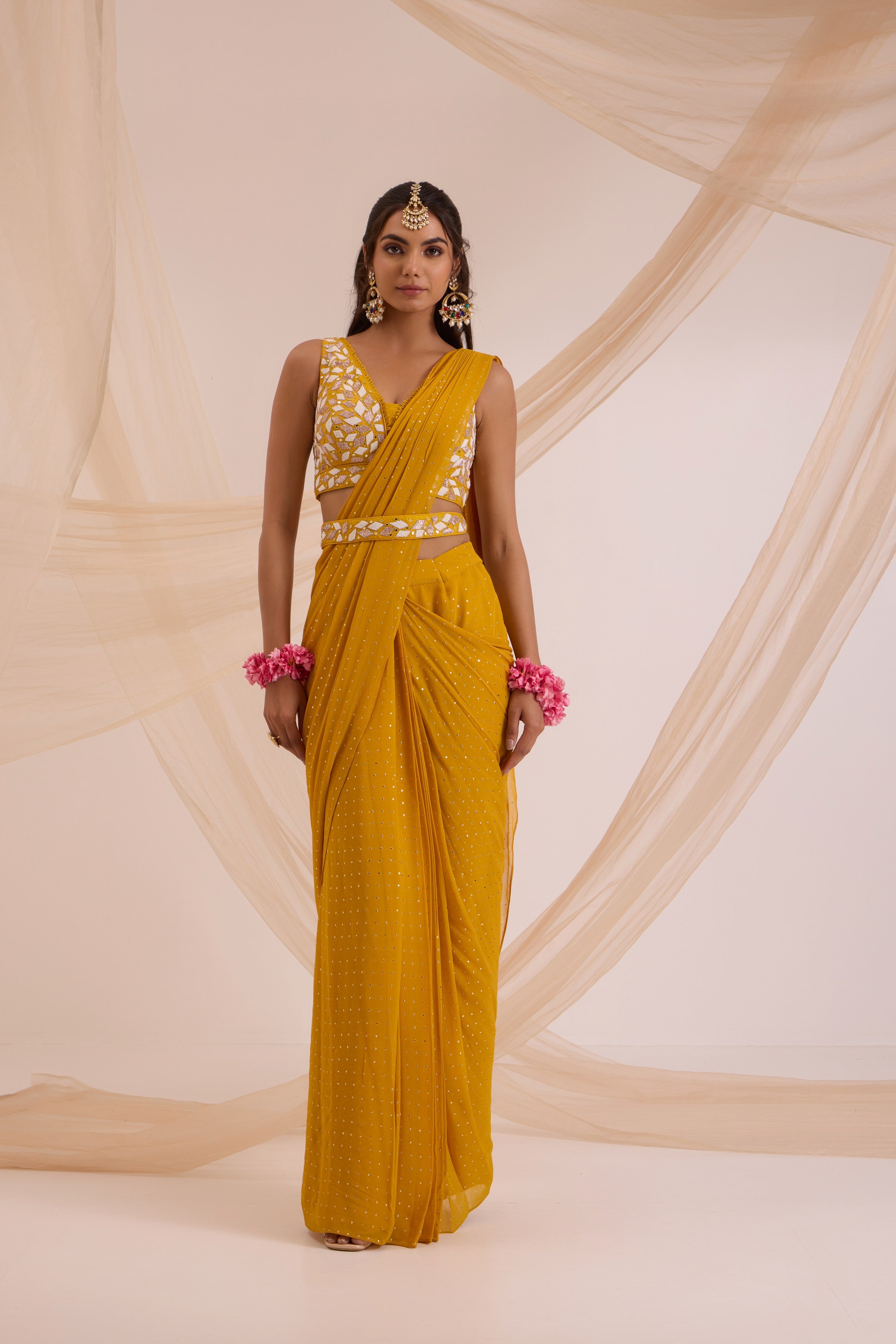 Mustard yellow saree with blouse & detachable belt set