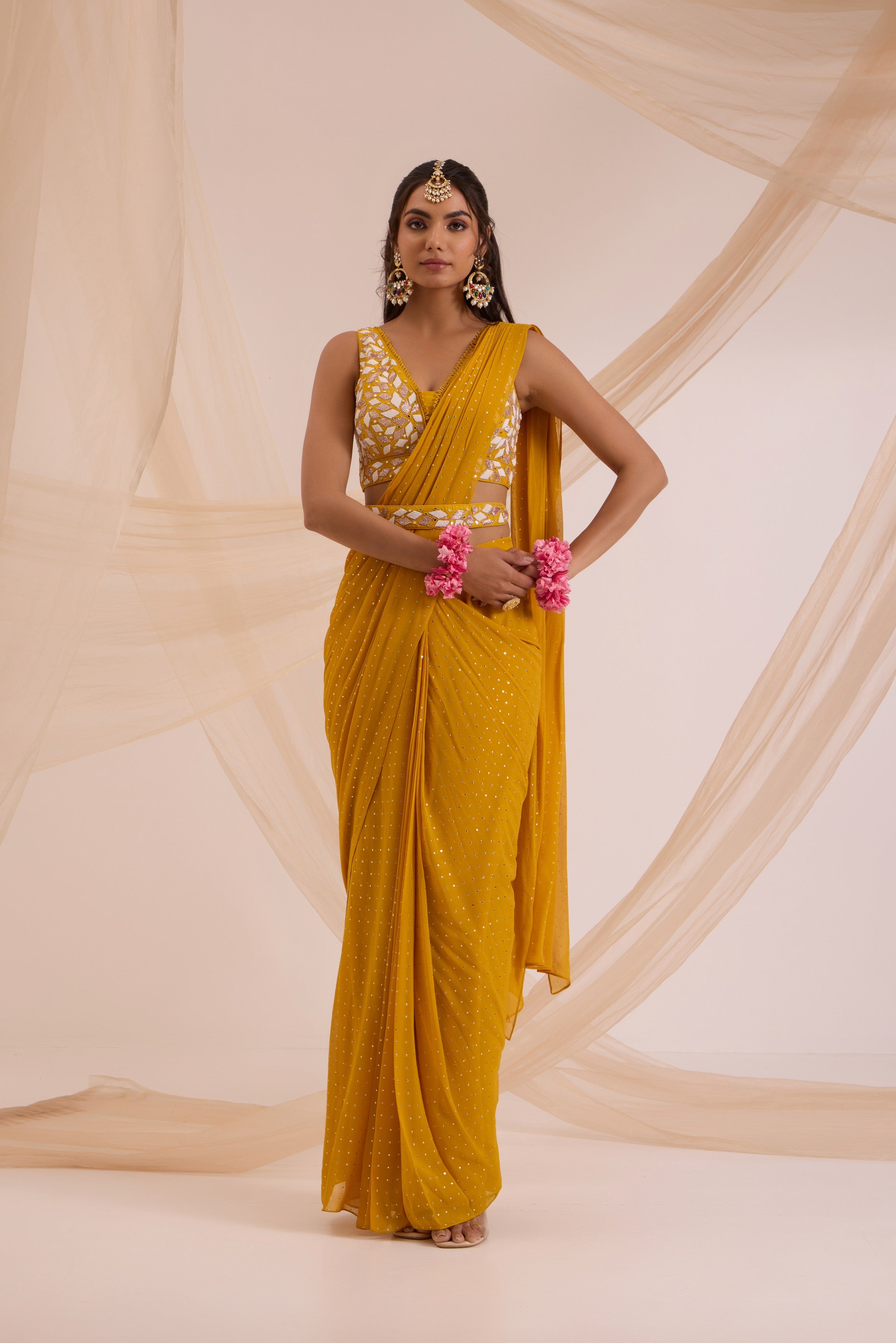 Mustard yellow saree with blouse & detachable belt set