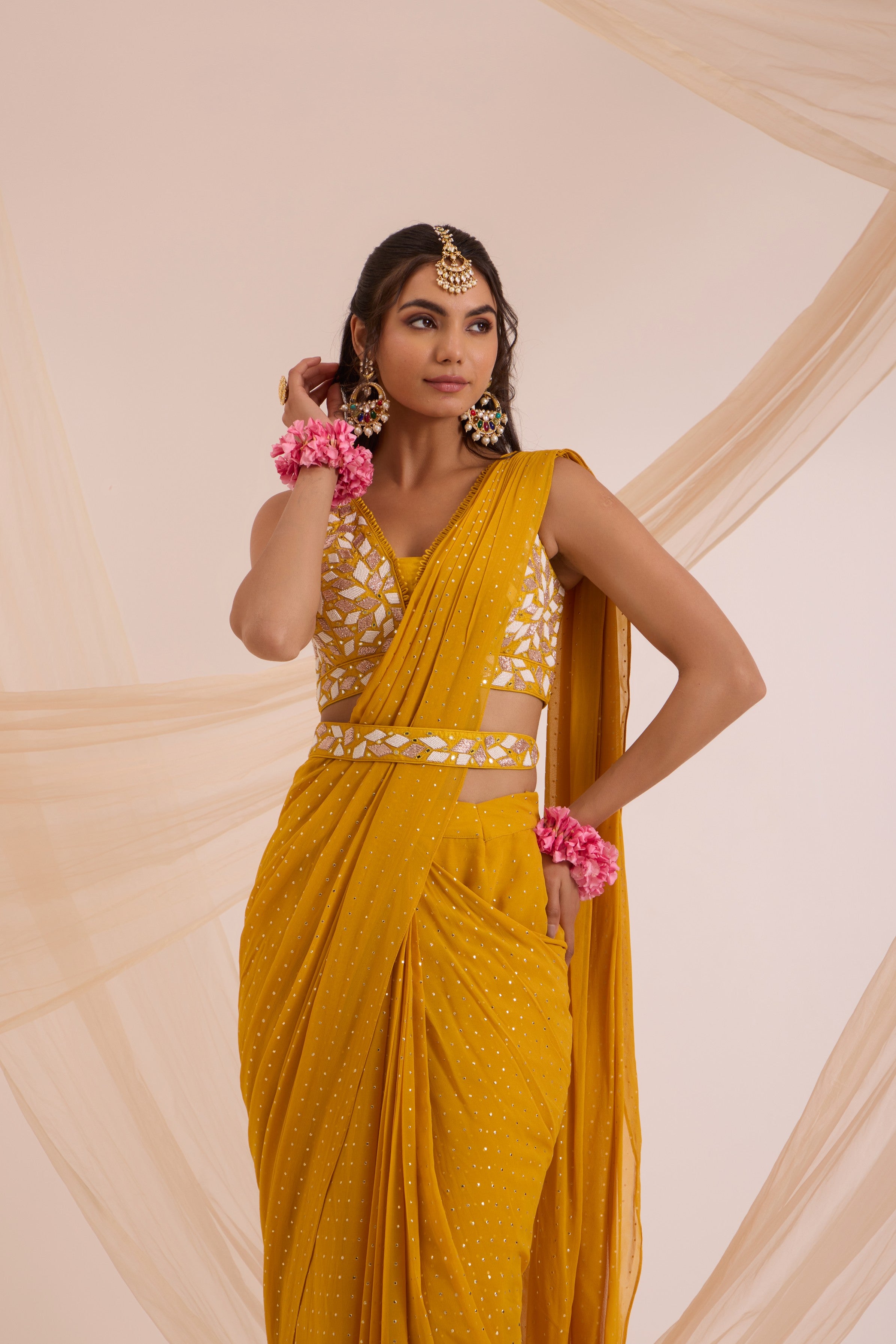 Mustard yellow saree with blouse & detachable belt set