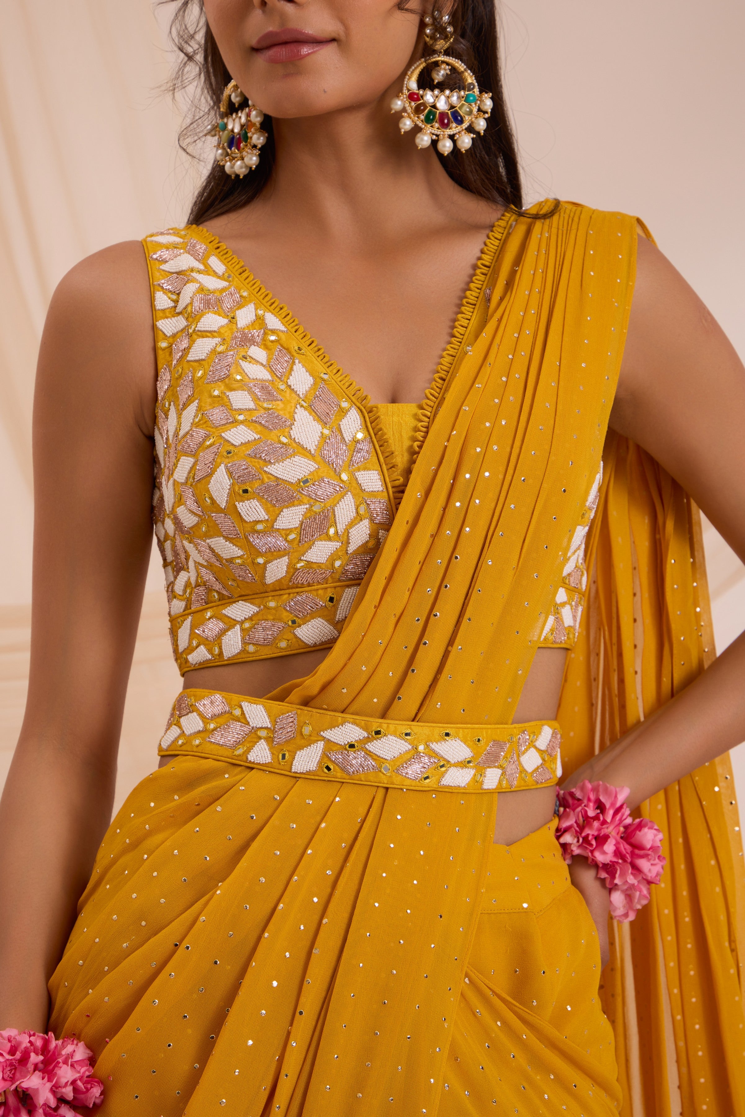 Mustard yellow saree with blouse & detachable belt set
