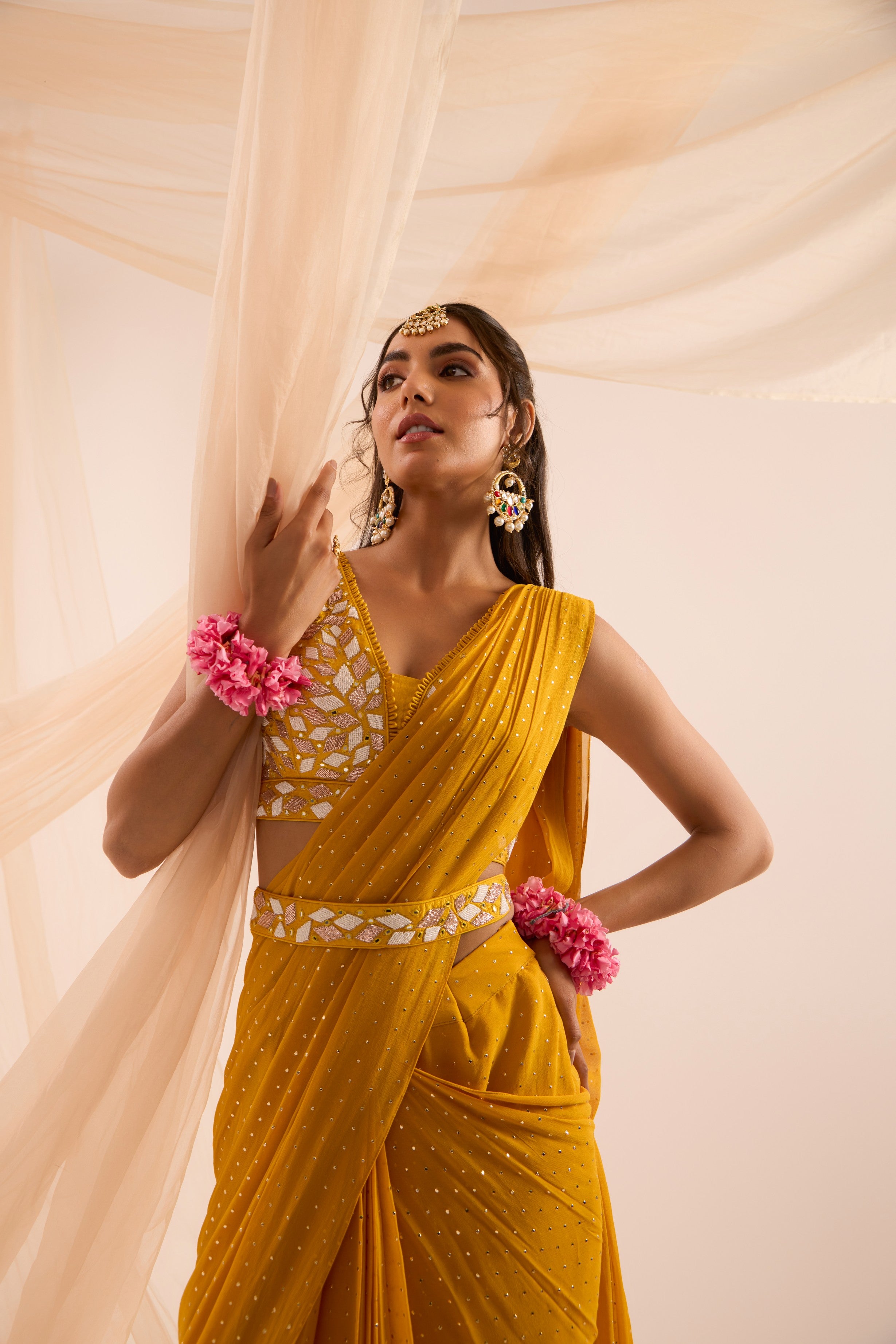 Mustard yellow saree with blouse & detachable belt set