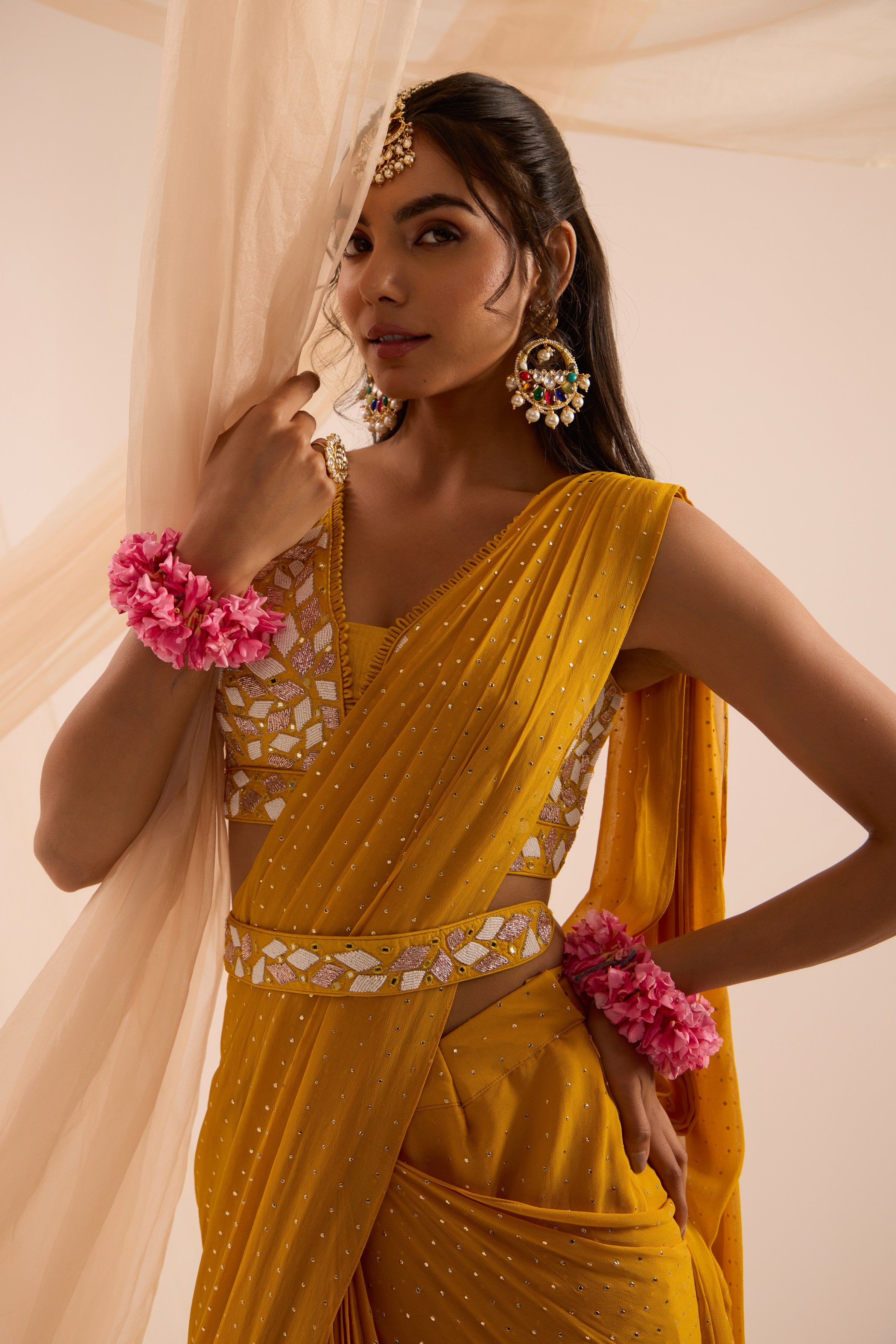 Mustard yellow saree with blouse & detachable belt set