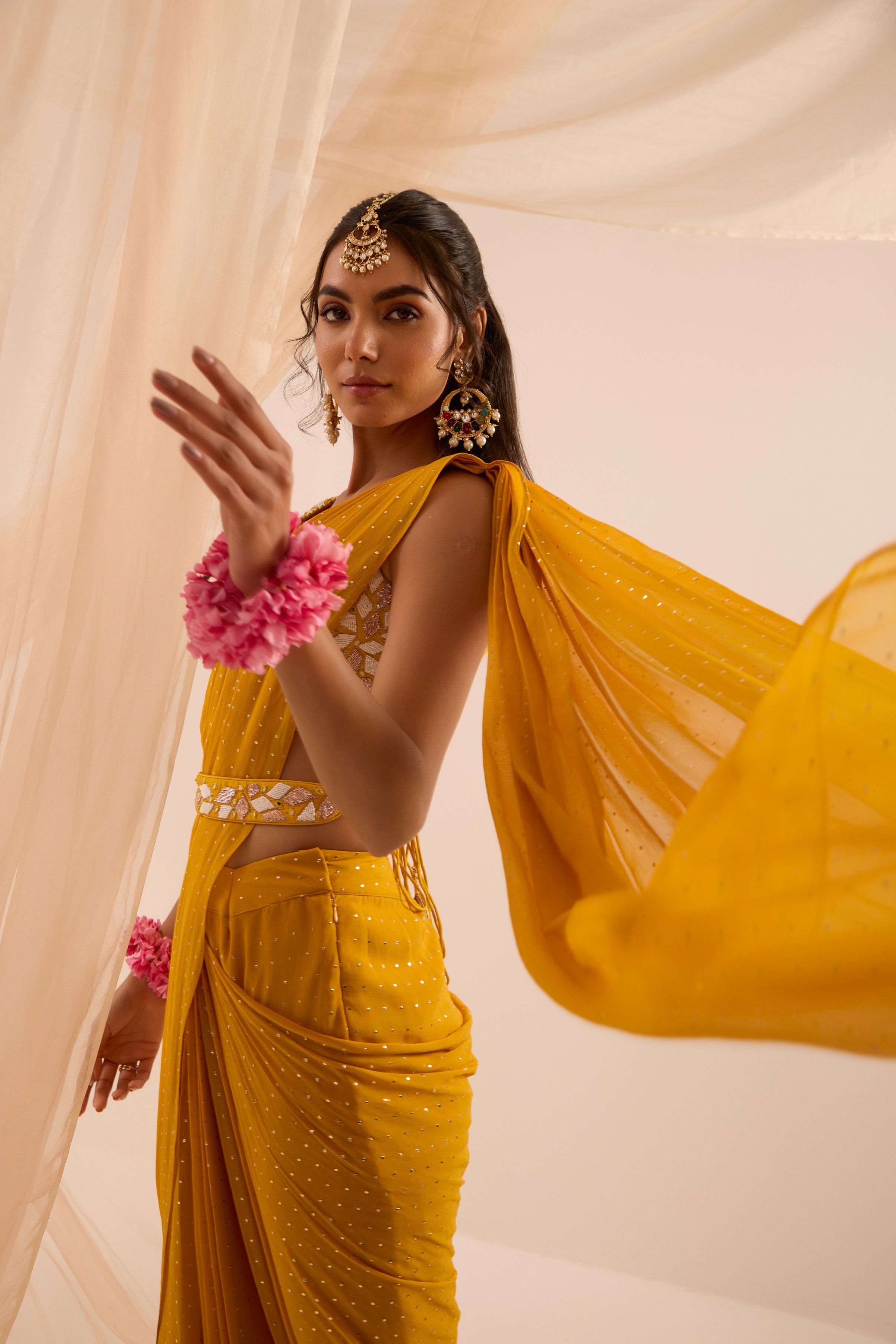 Mustard yellow saree with blouse & detachable belt set