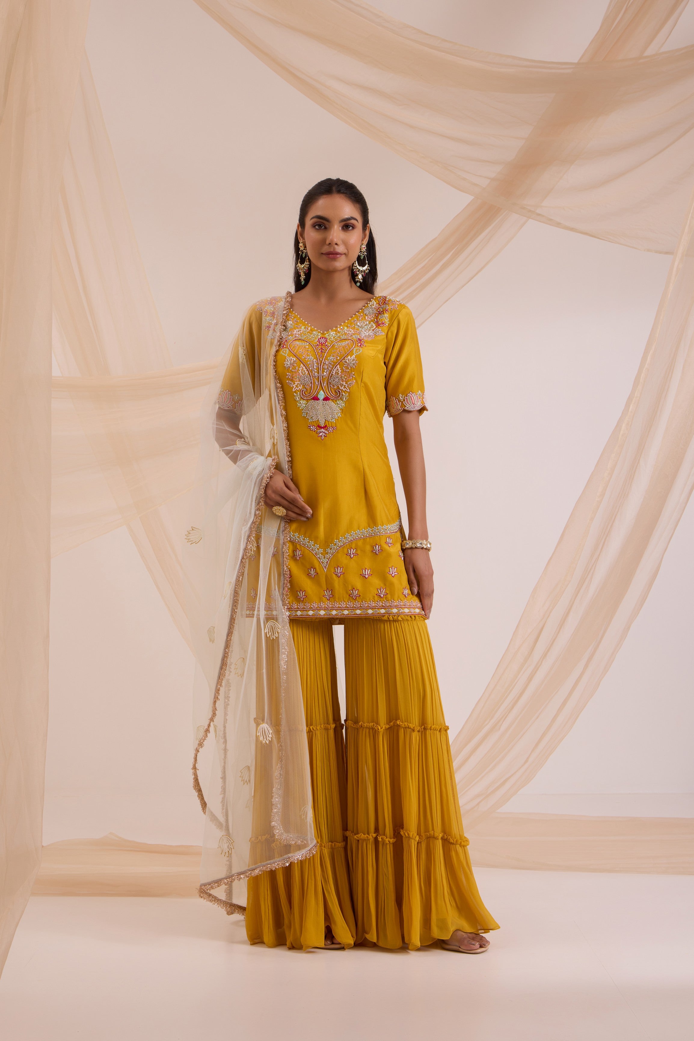 Mustard yellow straight suit with garara & dupatta set