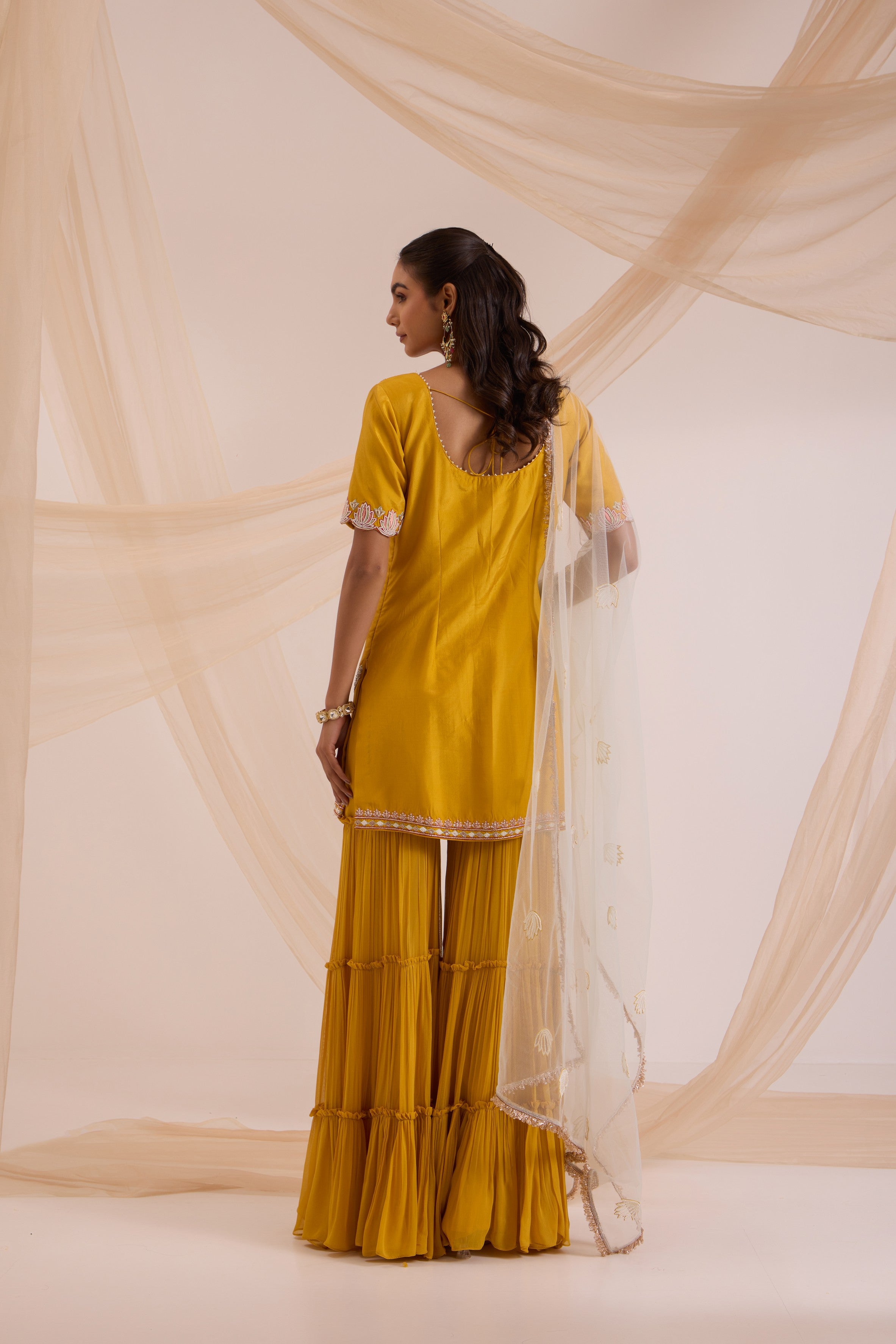 Mustard yellow straight suit with garara & dupatta set