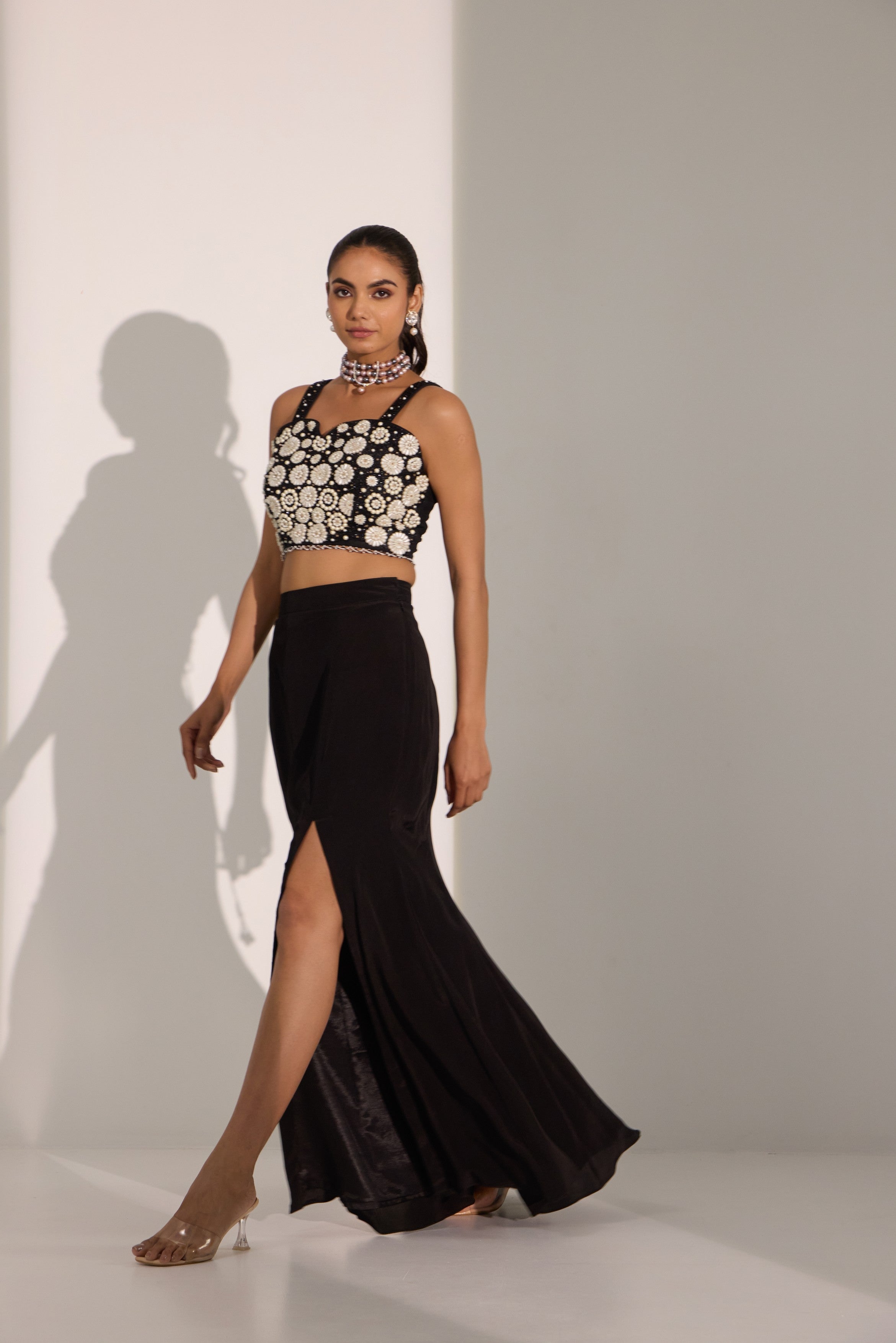 Black bustier with side slit skirt & cape set