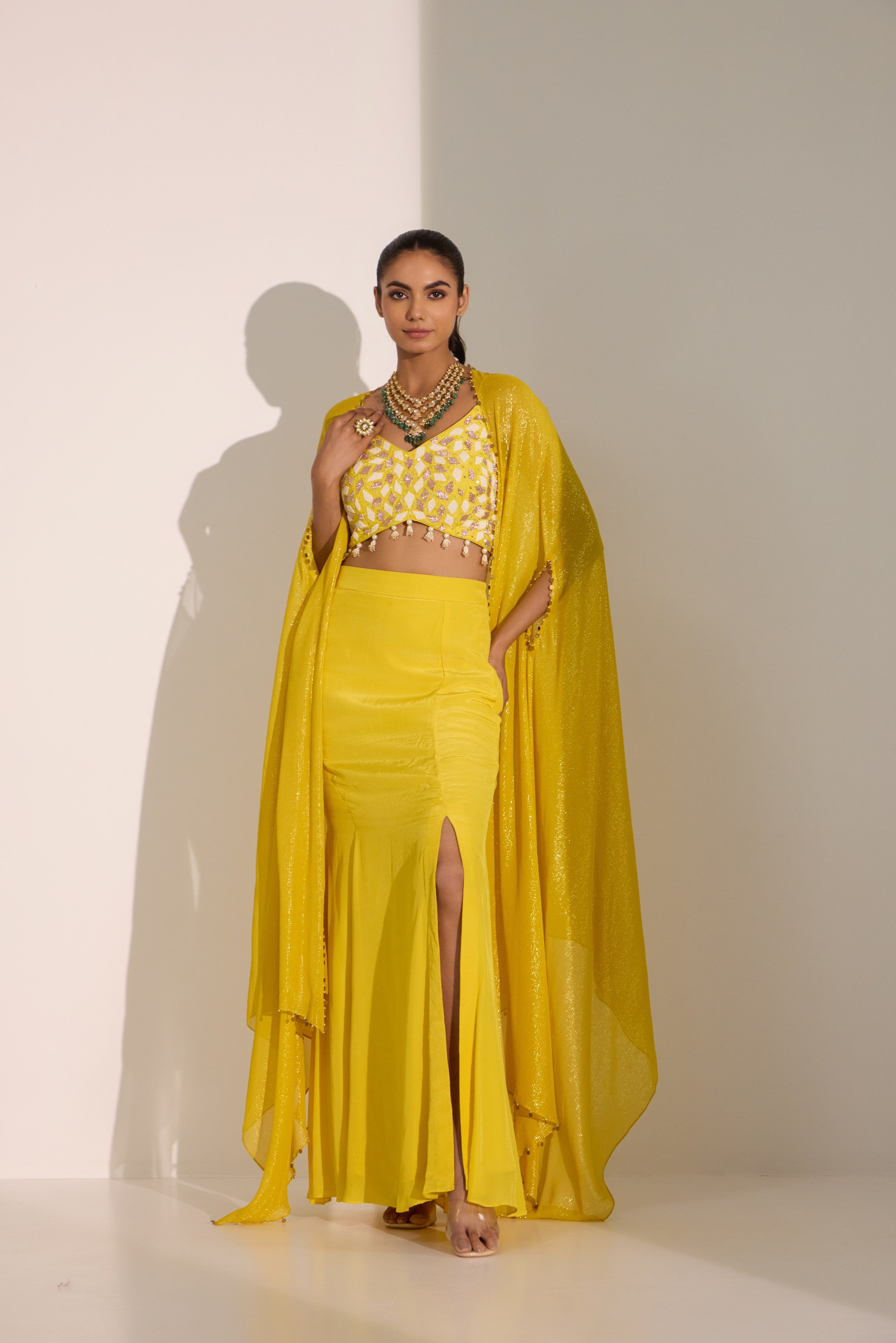 Yellow bustier with side slit skirt & cape set