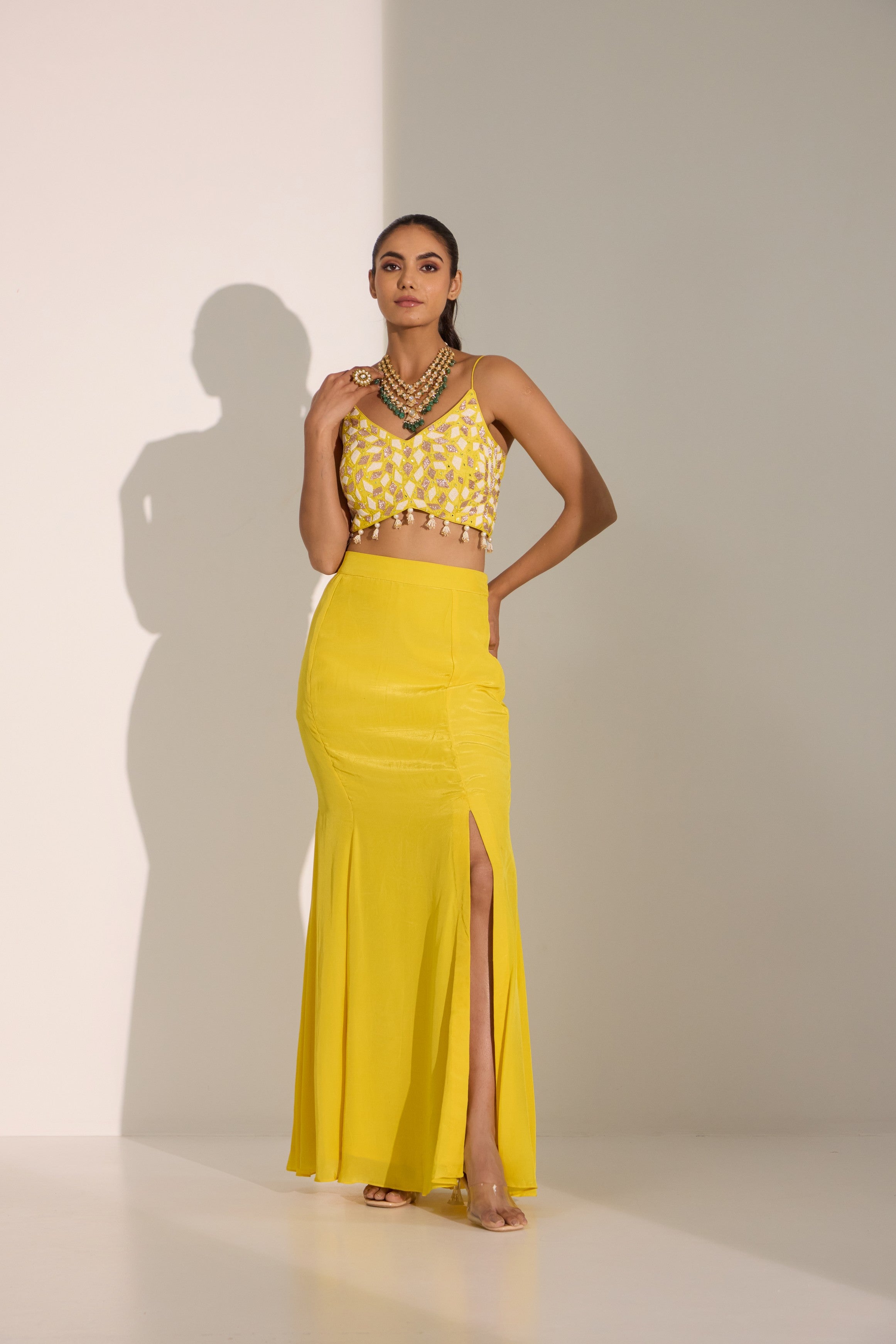 Yellow bustier with side slit skirt & cape set